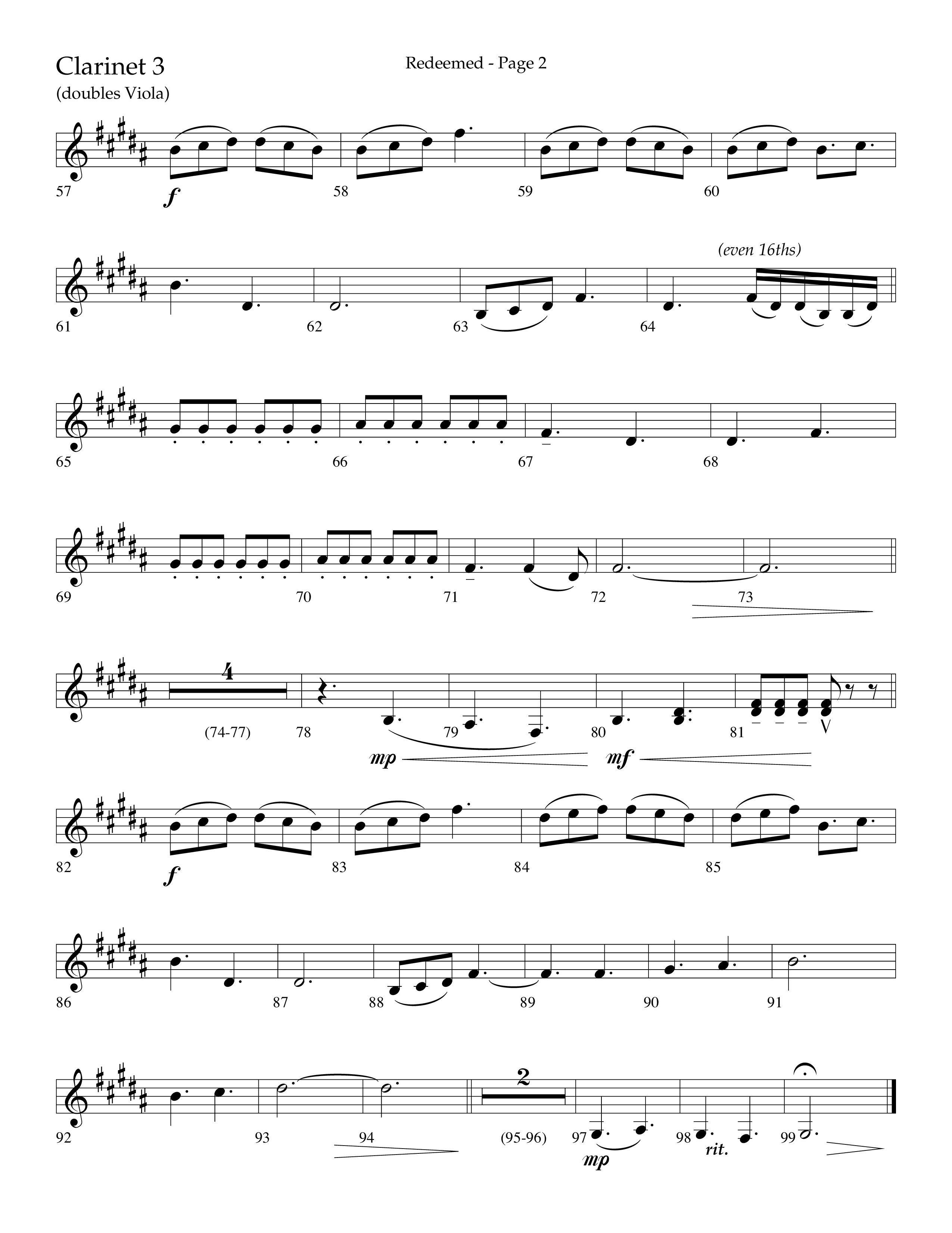 Redeemed (Choral Anthem SATB) Clarinet 3 (Lifeway Choral / Arr. Danny Zaloudik)