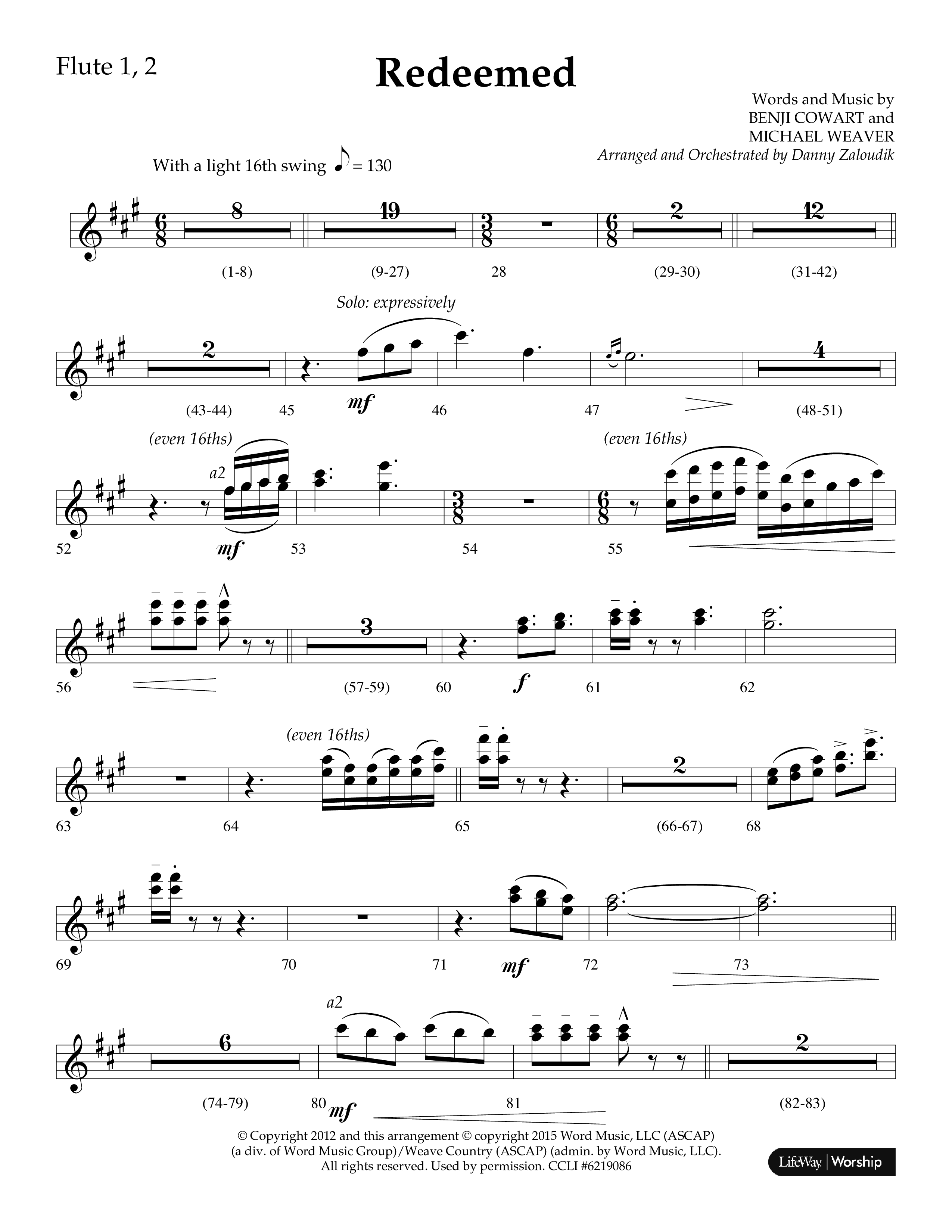 Redeemed (Choral Anthem SATB) Flute 1/2 (Lifeway Choral / Arr. Danny Zaloudik)
