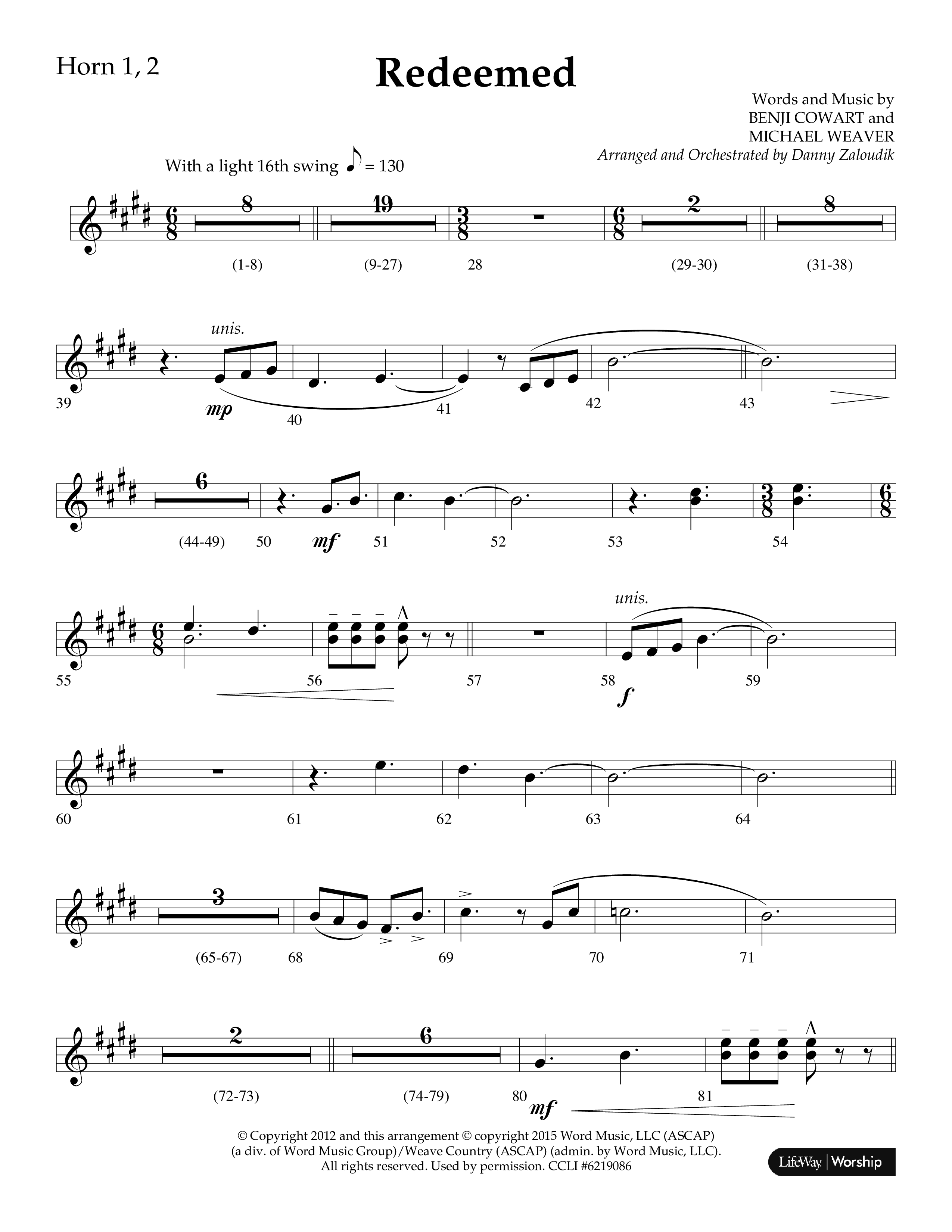 Redeemed (Choral Anthem SATB) French Horn 1/2 (Lifeway Choral / Arr. Danny Zaloudik)