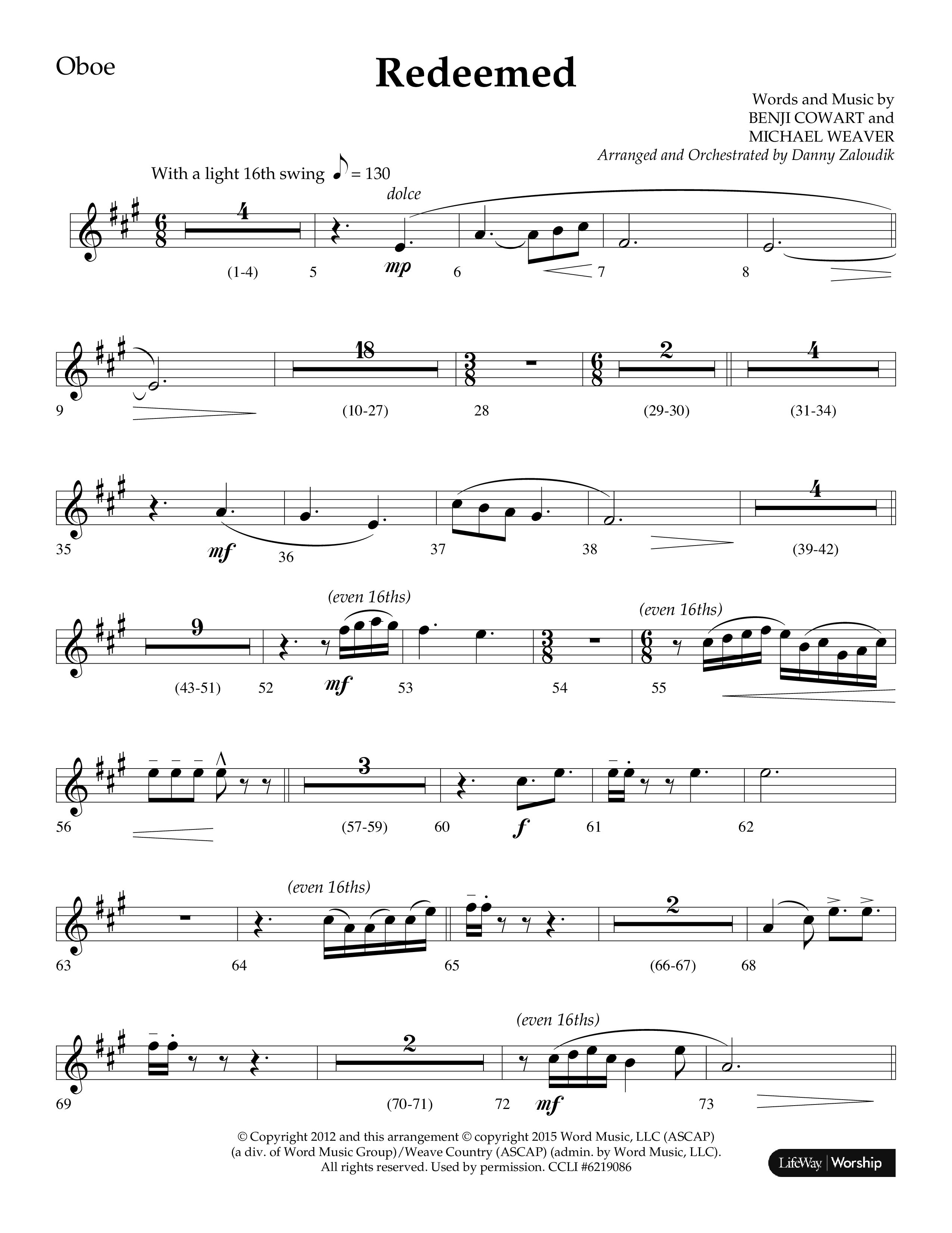 Redeemed (Choral Anthem SATB) Oboe (Lifeway Choral / Arr. Danny Zaloudik)