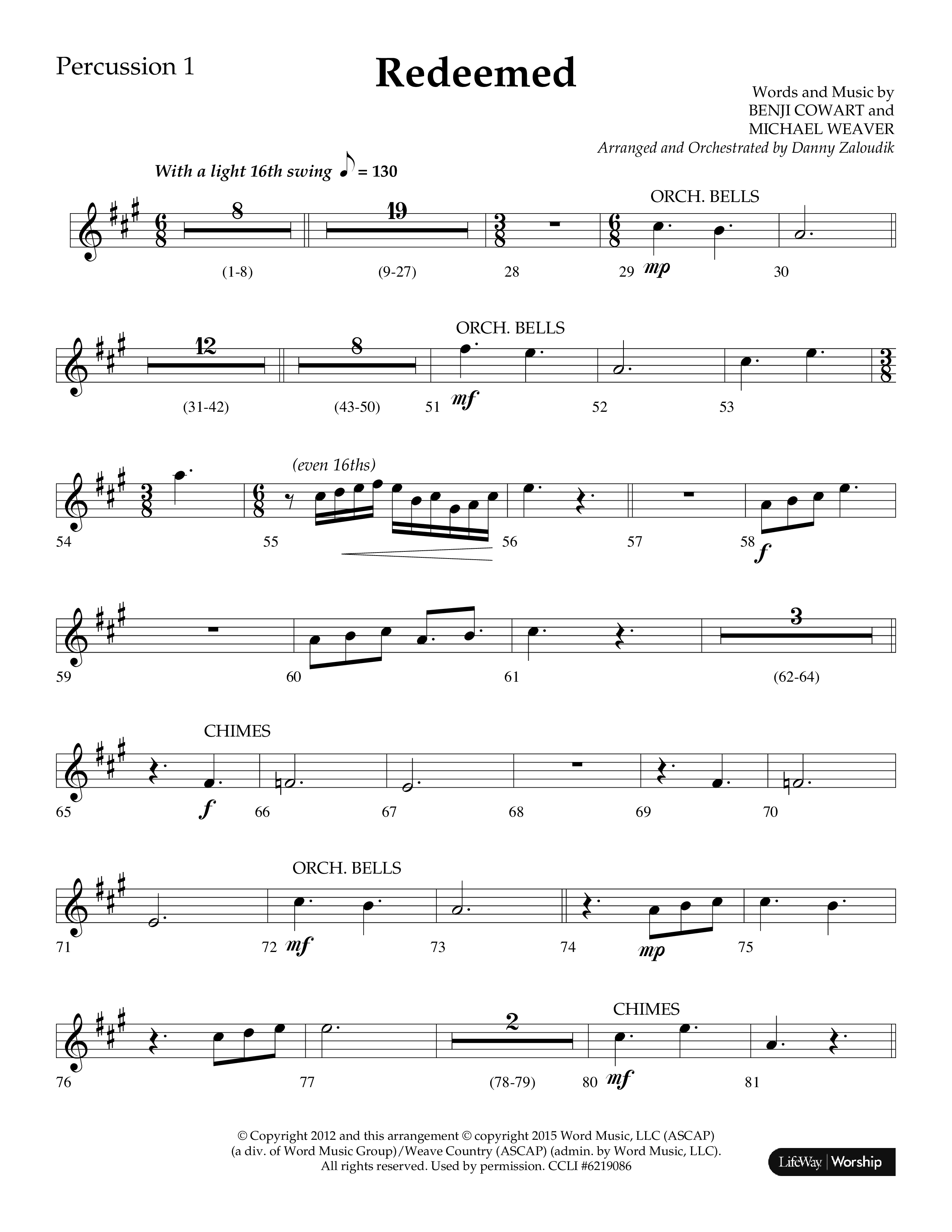 Redeemed (Choral Anthem SATB) Percussion 1/2 (Lifeway Choral / Arr. Danny Zaloudik)