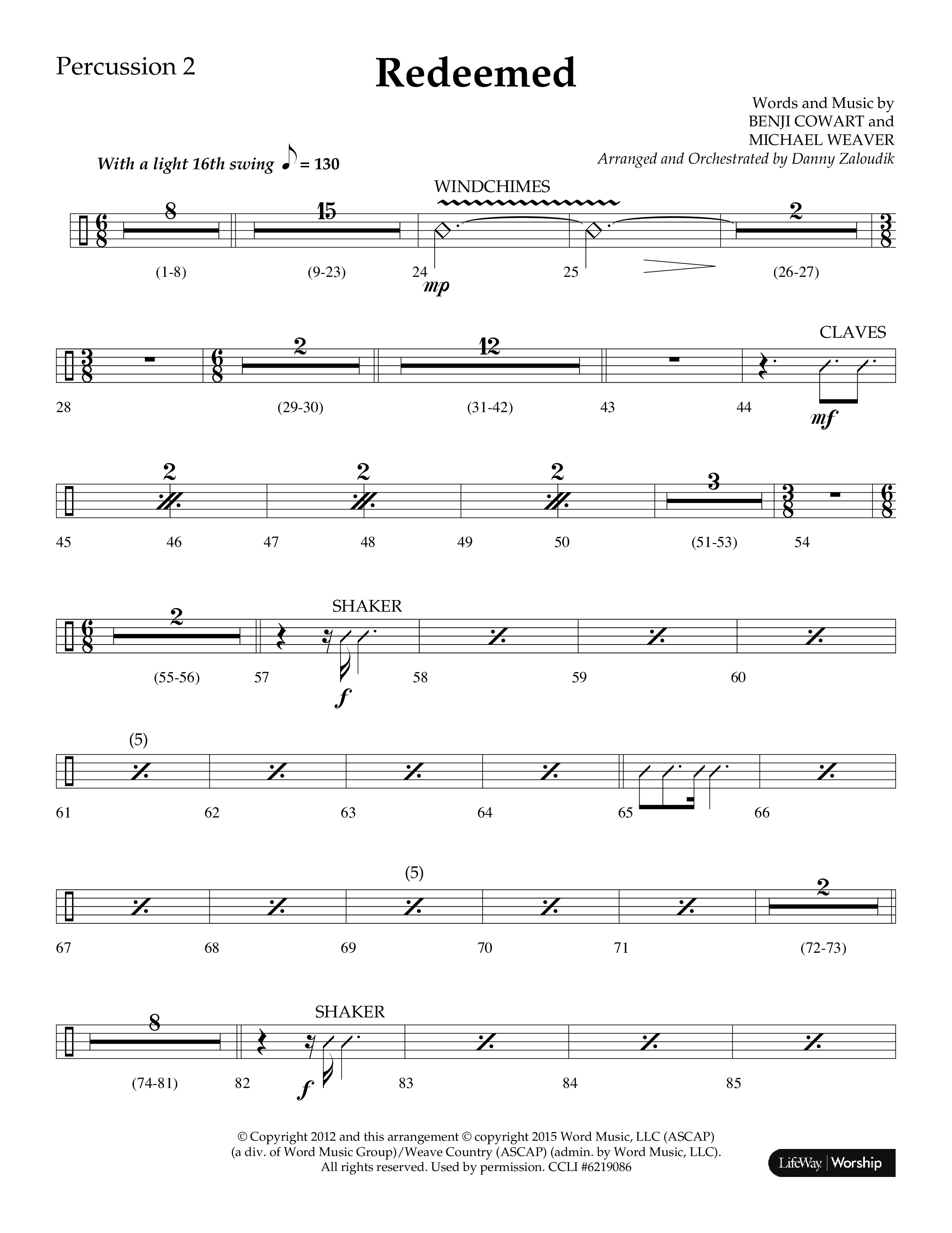 Redeemed (Choral Anthem SATB) Percussion 1/2 (Lifeway Choral / Arr. Danny Zaloudik)