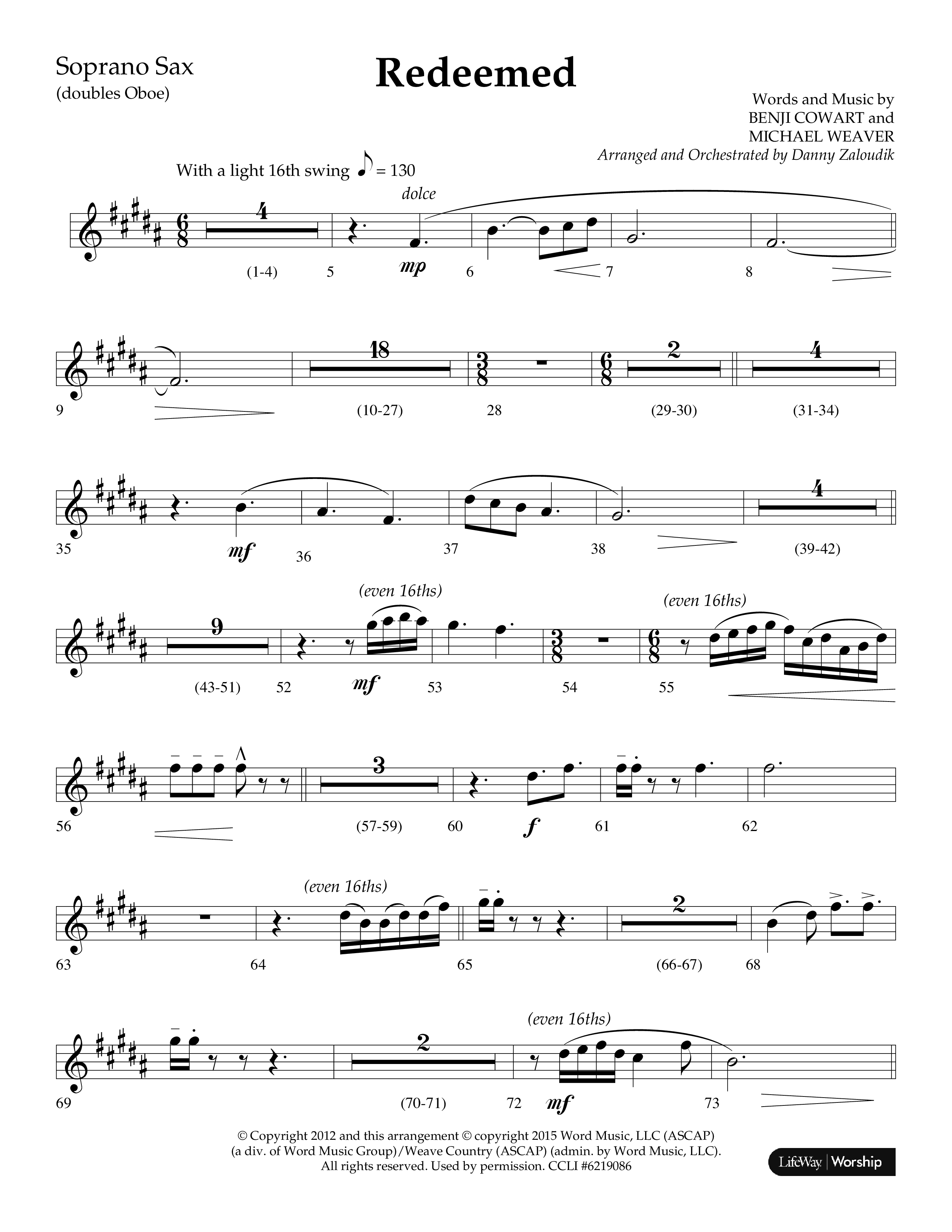 Redeemed (Choral Anthem SATB) Soprano Sax (Lifeway Choral / Arr. Danny Zaloudik)
