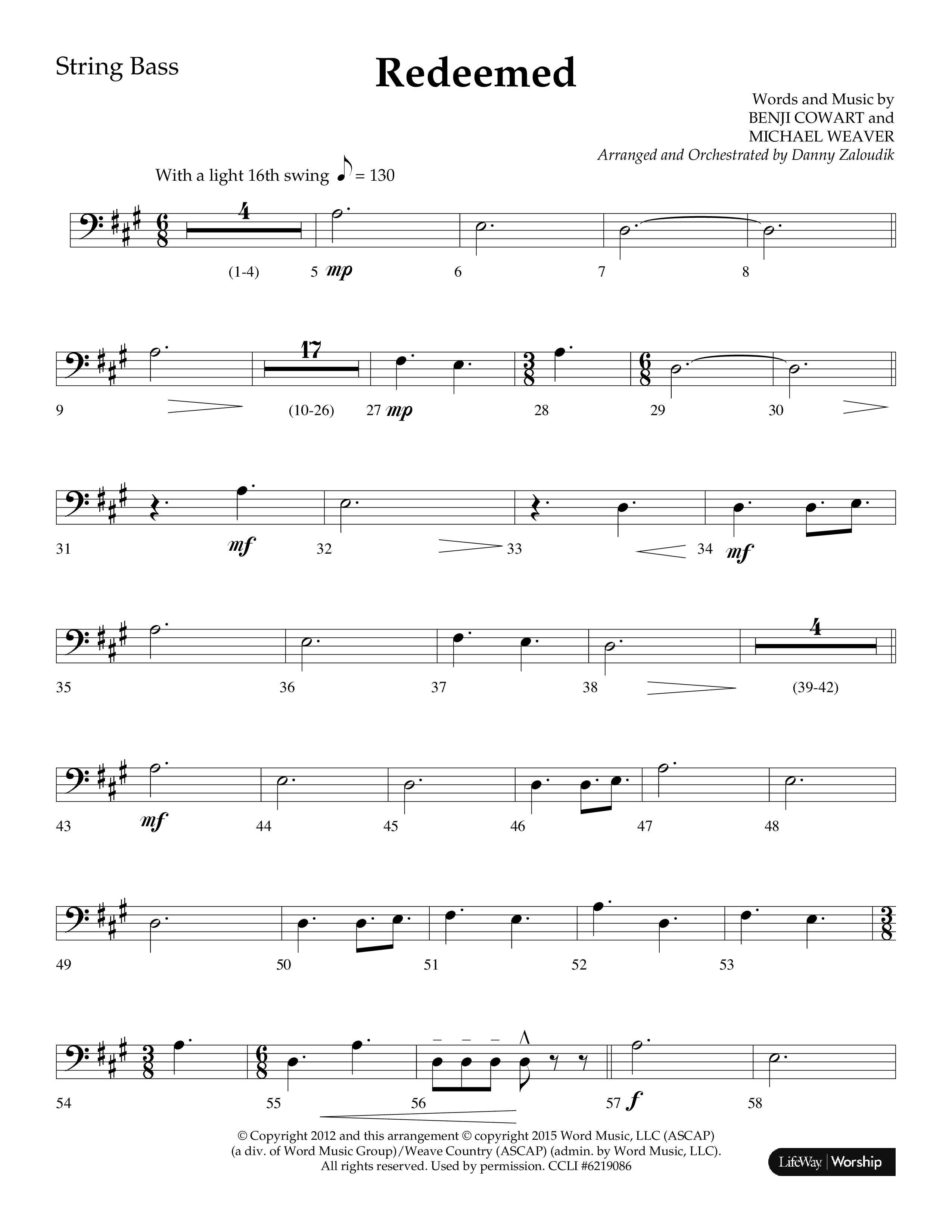 Redeemed (Choral Anthem SATB) String Bass (Lifeway Choral / Arr. Danny Zaloudik)