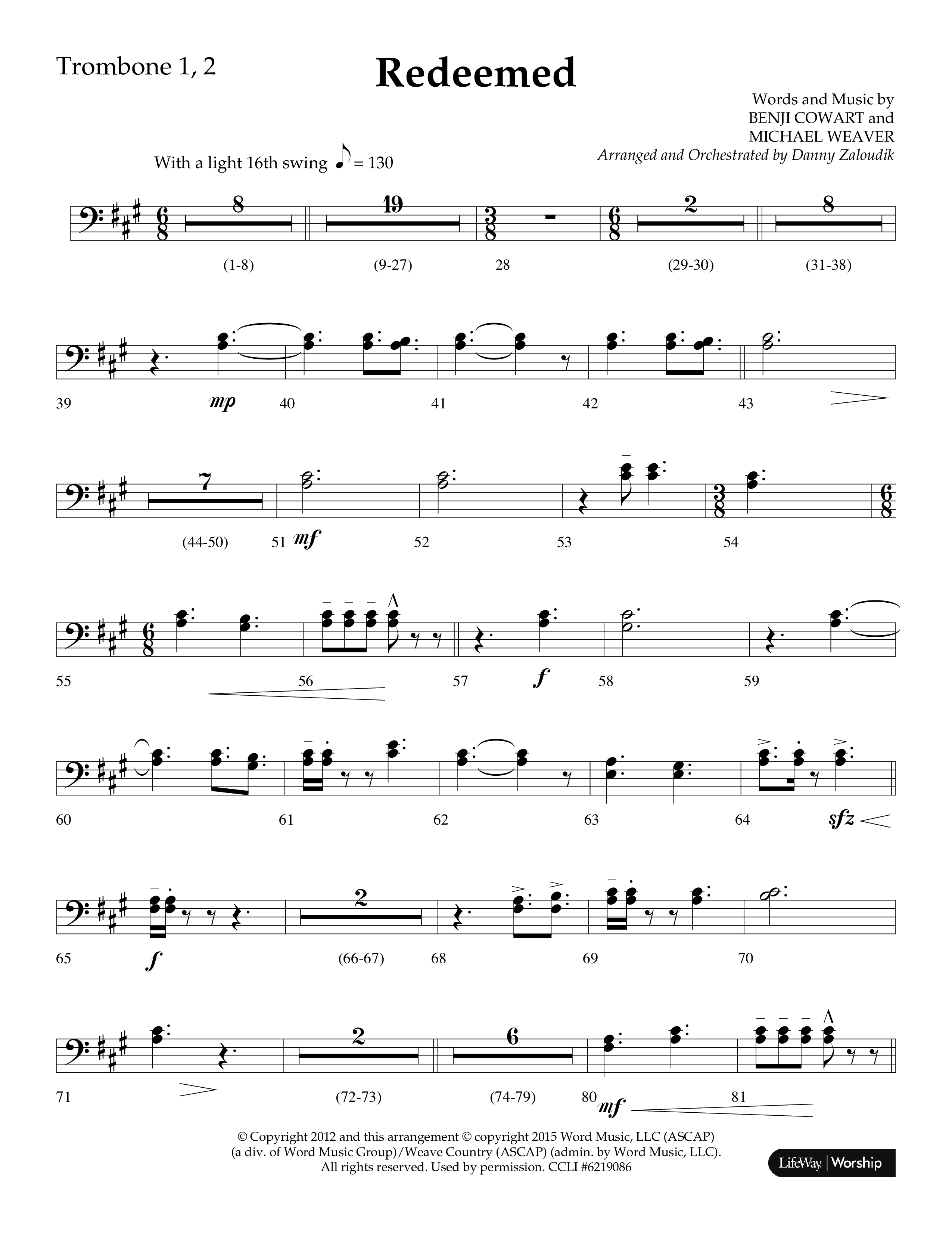 Redeemed (Choral Anthem SATB) Trombone 1/2 (Lifeway Choral / Arr. Danny Zaloudik)