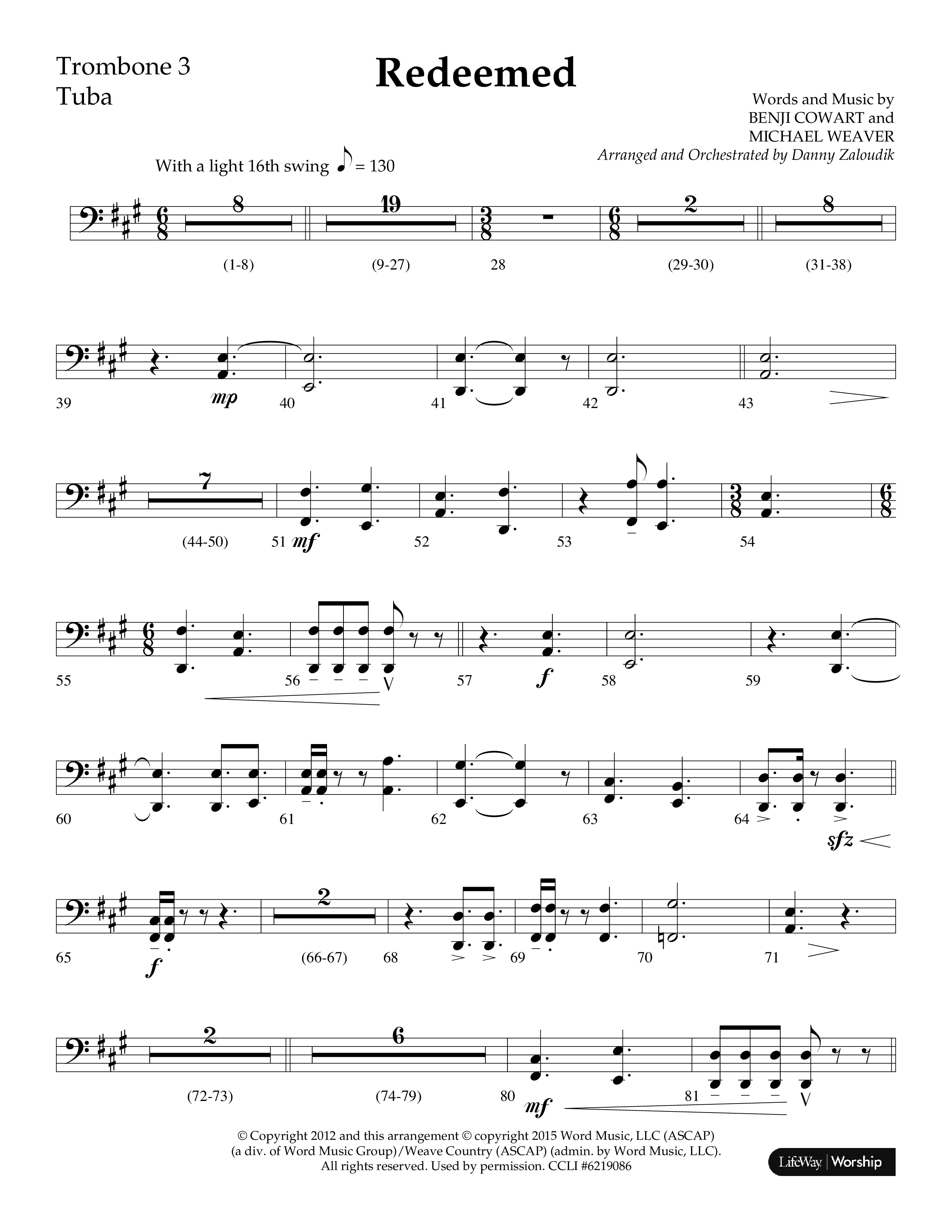 Redeemed (Choral Anthem SATB) Trombone 3/Tuba (Lifeway Choral / Arr. Danny Zaloudik)
