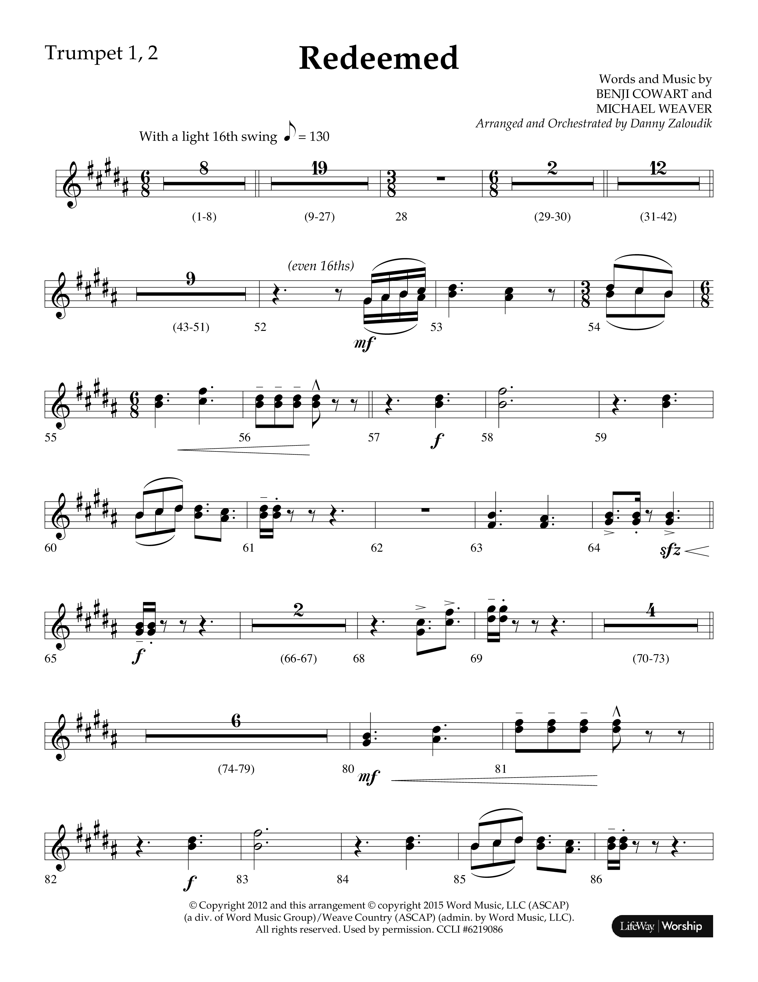 Redeemed (Choral Anthem SATB) Trumpet 1,2 (Lifeway Choral / Arr. Danny Zaloudik)
