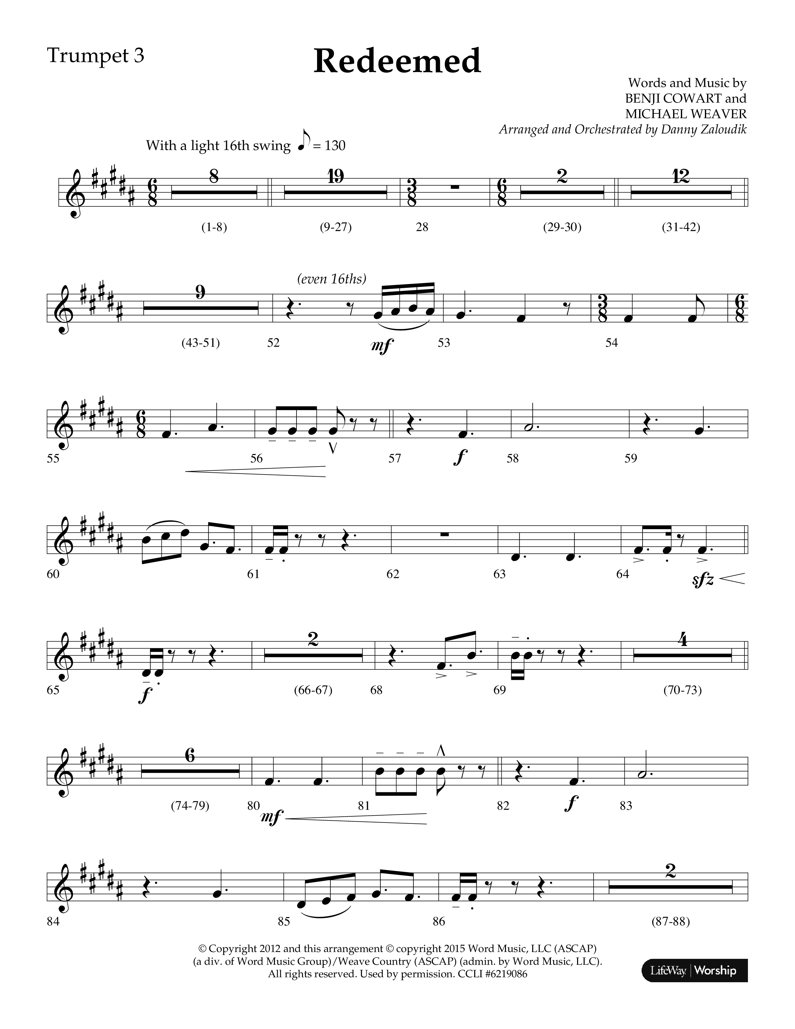 Redeemed (Choral Anthem SATB) Trumpet 3 (Lifeway Choral / Arr. Danny Zaloudik)