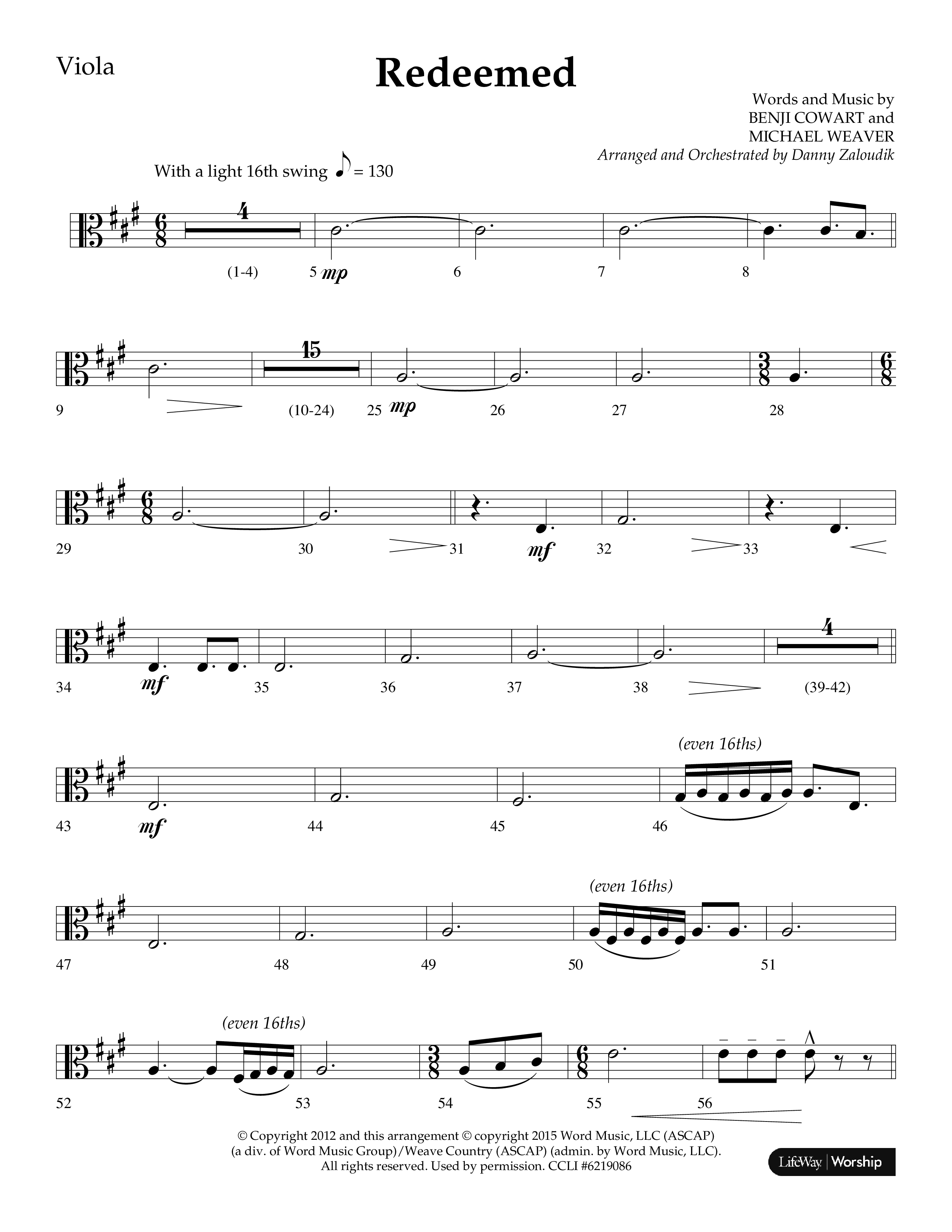 Redeemed (Choral Anthem SATB) Viola (Lifeway Choral / Arr. Danny Zaloudik)