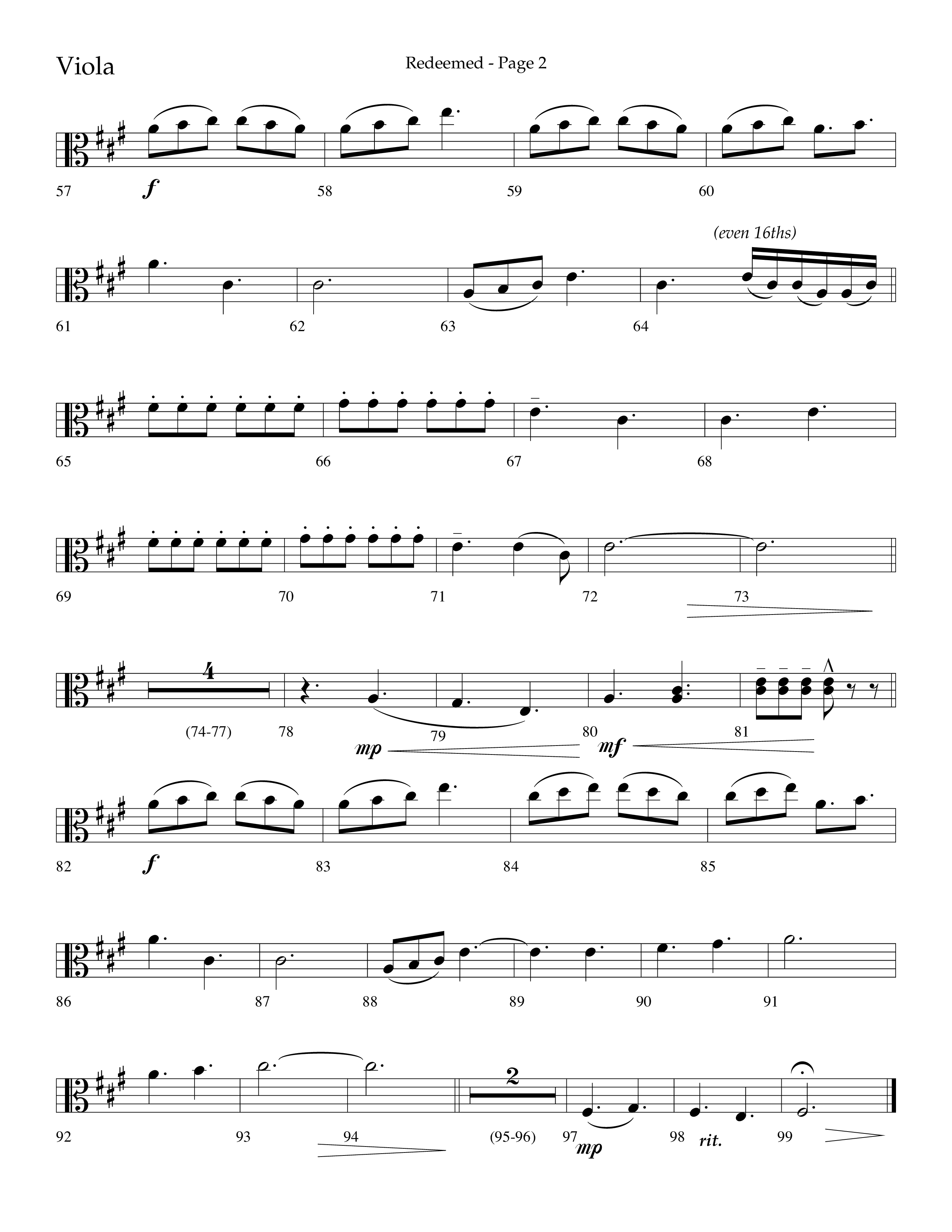 Redeemed (Choral Anthem SATB) Viola (Lifeway Choral / Arr. Danny Zaloudik)