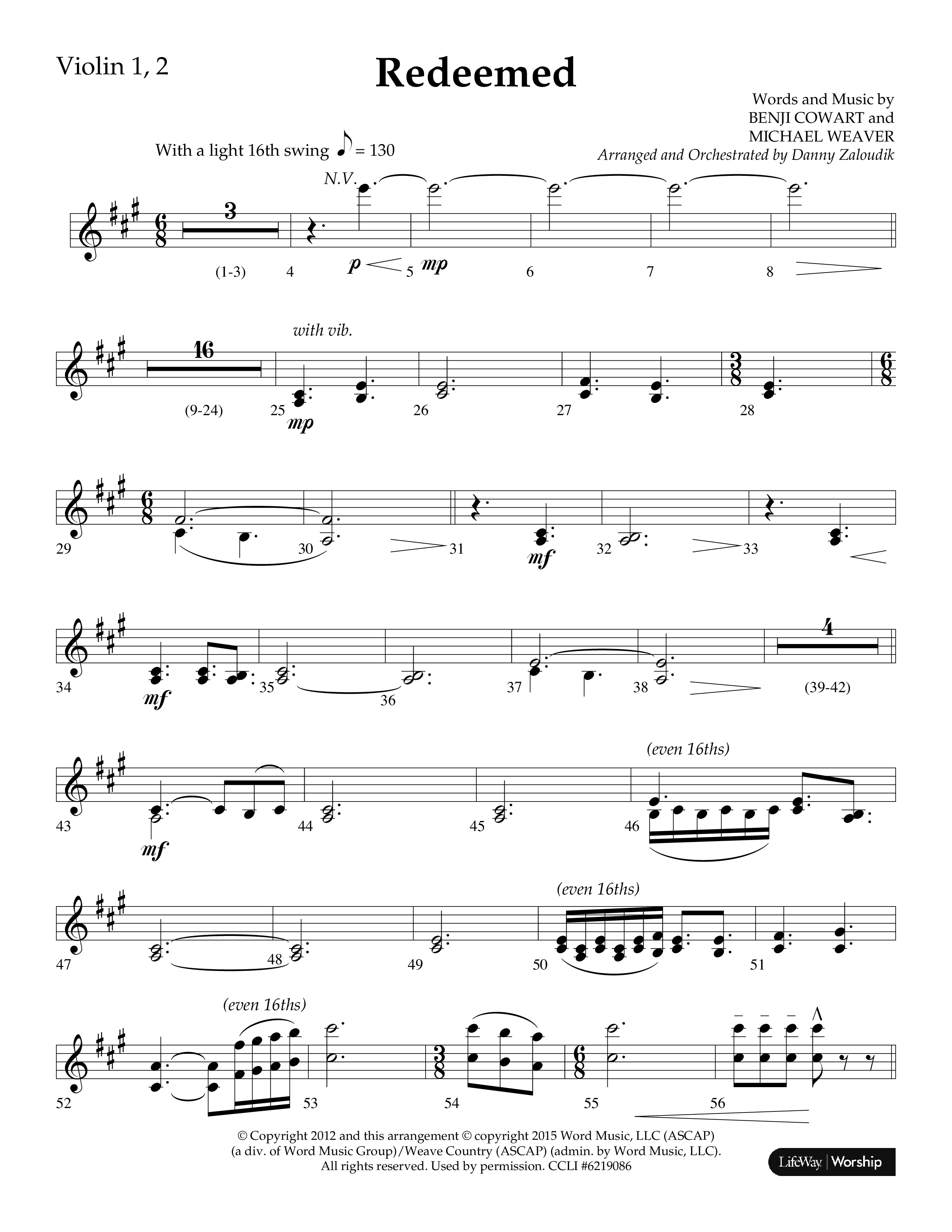 Redeemed (Choral Anthem SATB) Violin 1/2 (Lifeway Choral / Arr. Danny Zaloudik)