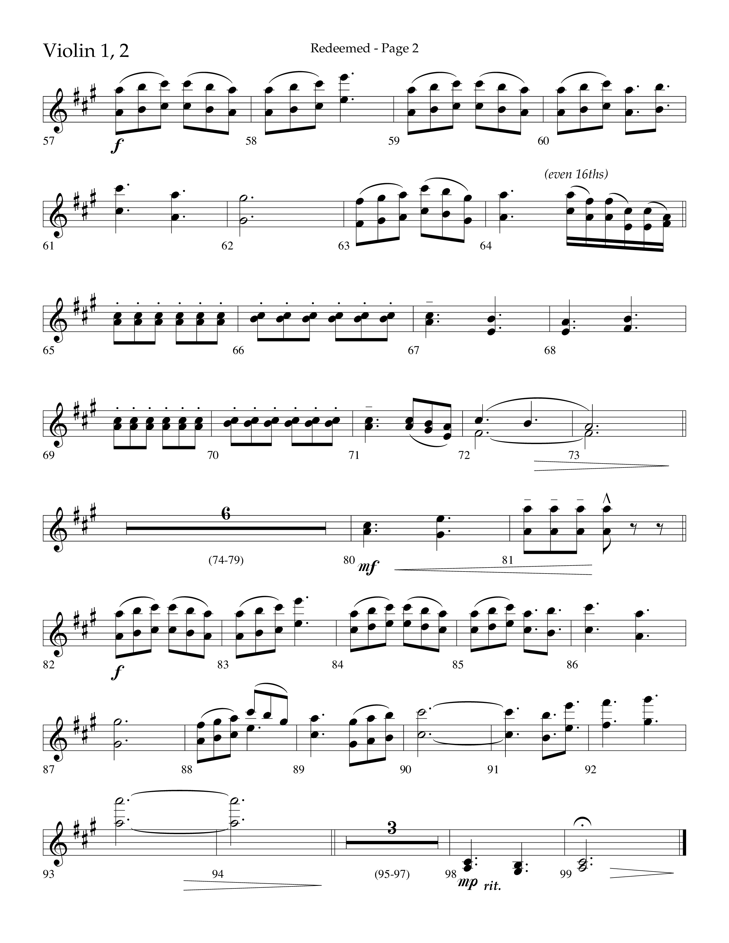 Redeemed (Choral Anthem SATB) Violin 1/2 (Lifeway Choral / Arr. Danny Zaloudik)