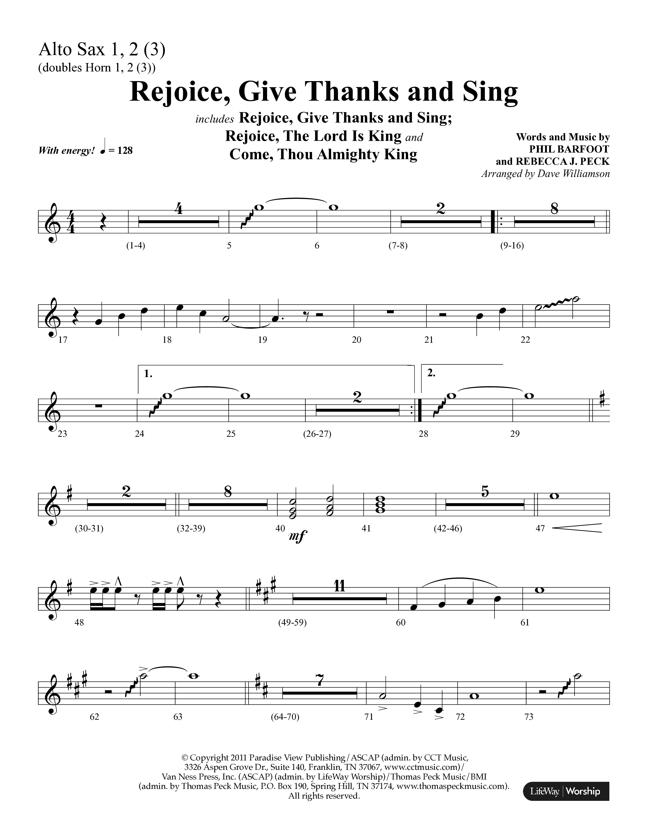 Rejoice, Give Thanks And Sing (with Rejoice, The Lord Is King, Come, Thou Almighty King) (Choral Anthem SATB) Alto Sax 1/2 (Lifeway Choral / Arr. Dave Williamson)
