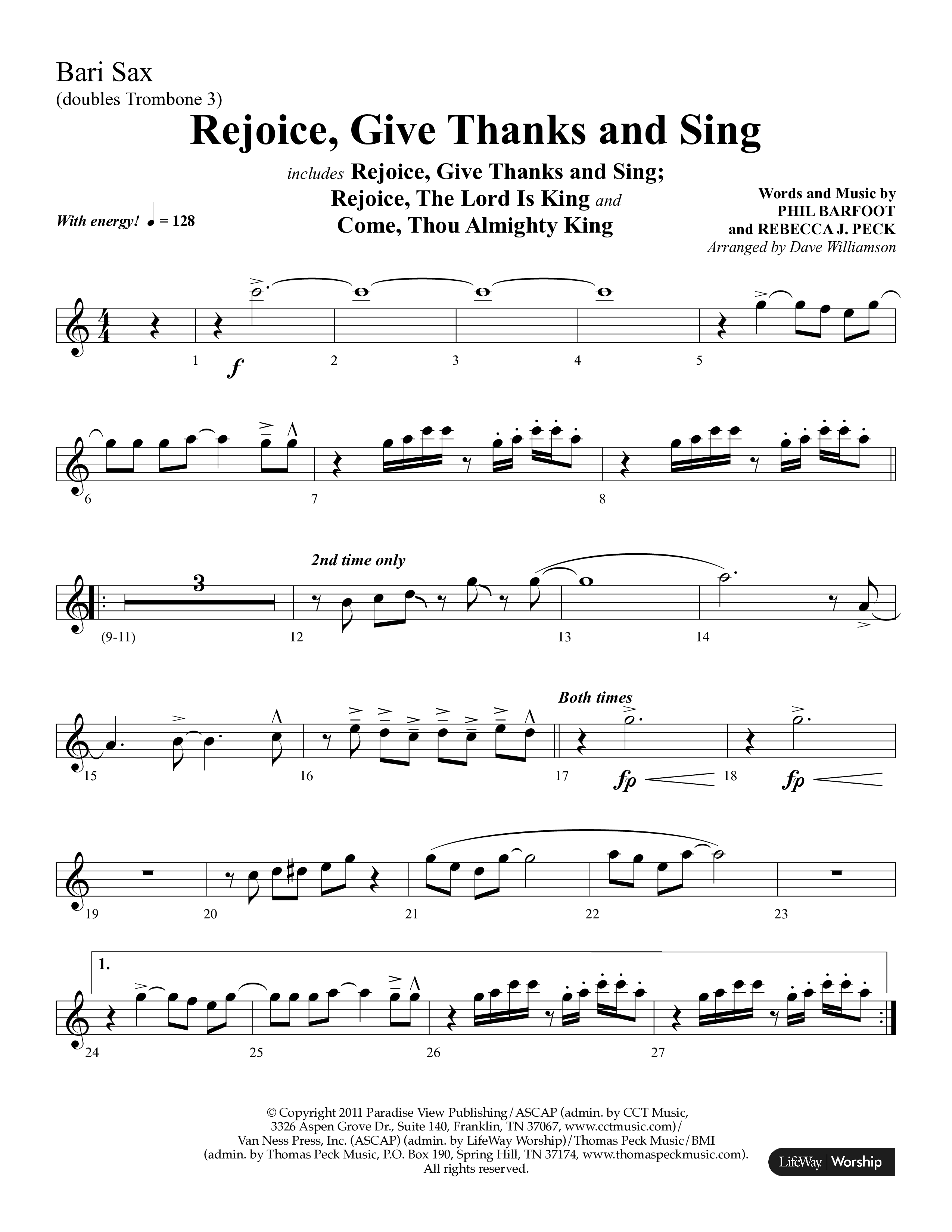 Rejoice, Give Thanks And Sing (with Rejoice, The Lord Is King, Come, Thou Almighty King) (Choral Anthem SATB) Bari Sax (Lifeway Choral / Arr. Dave Williamson)