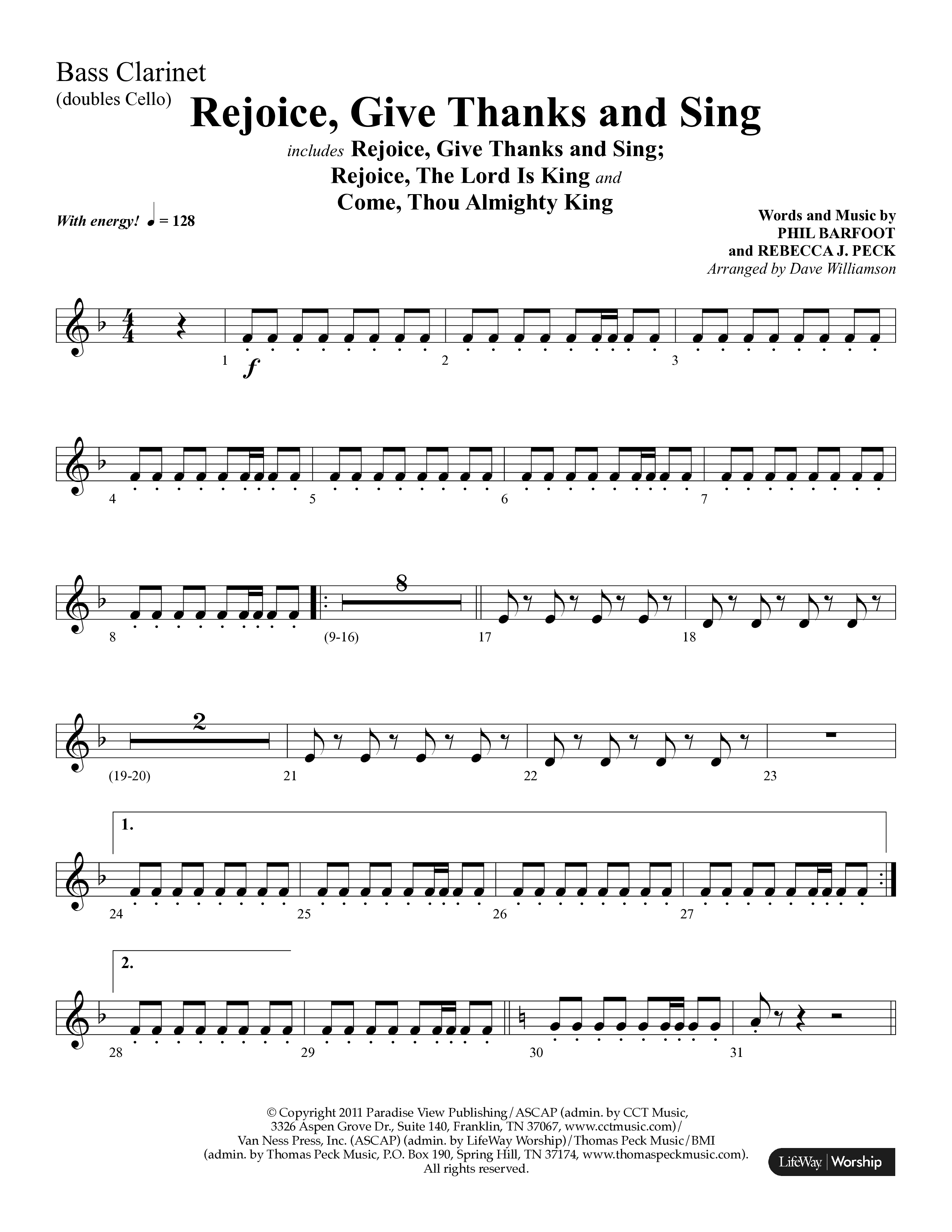 Rejoice, Give Thanks And Sing (with Rejoice, The Lord Is King, Come, Thou Almighty King) (Choral Anthem SATB) Bass Clarinet (Lifeway Choral / Arr. Dave Williamson)
