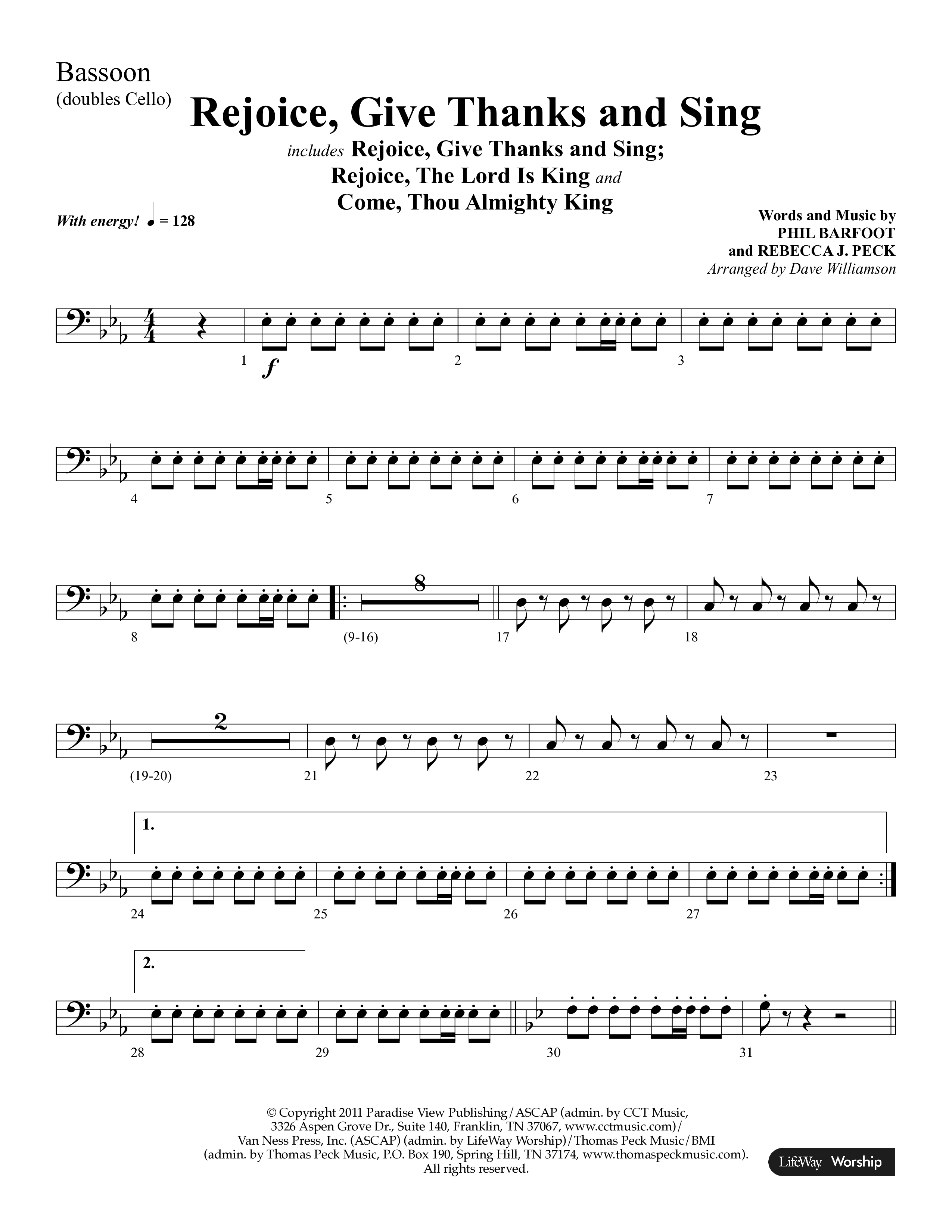 Rejoice, Give Thanks And Sing (with Rejoice, The Lord Is King, Come, Thou Almighty King) (Choral Anthem SATB) Bassoon (Lifeway Choral / Arr. Dave Williamson)