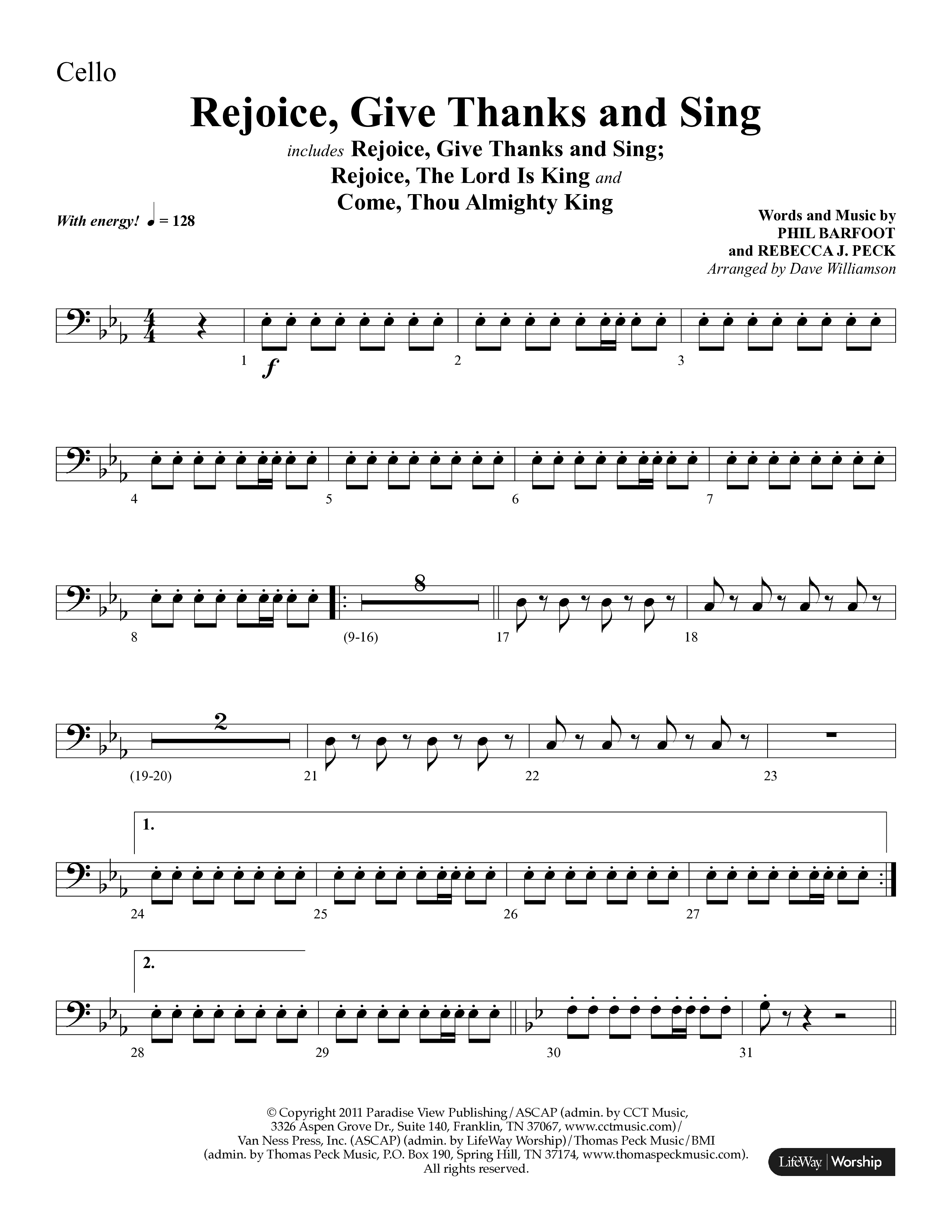 Rejoice, Give Thanks And Sing (with Rejoice, The Lord Is King, Come, Thou Almighty King) (Choral Anthem SATB) Cello (Lifeway Choral / Arr. Dave Williamson)