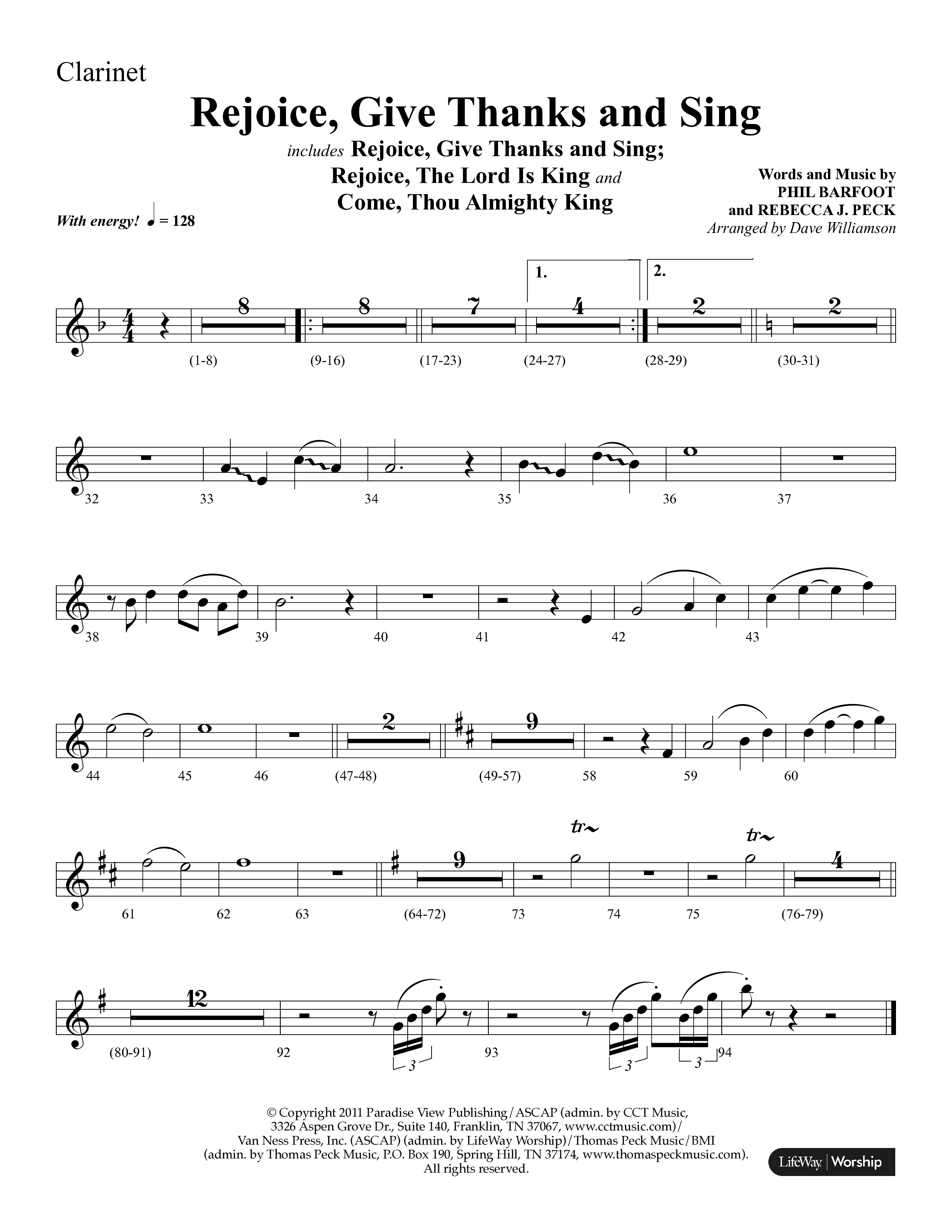Rejoice, Give Thanks And Sing (with Rejoice, The Lord Is King, Come, Thou Almighty King) (Choral Anthem SATB) Clarinet 1/2 (Lifeway Choral / Arr. Dave Williamson)