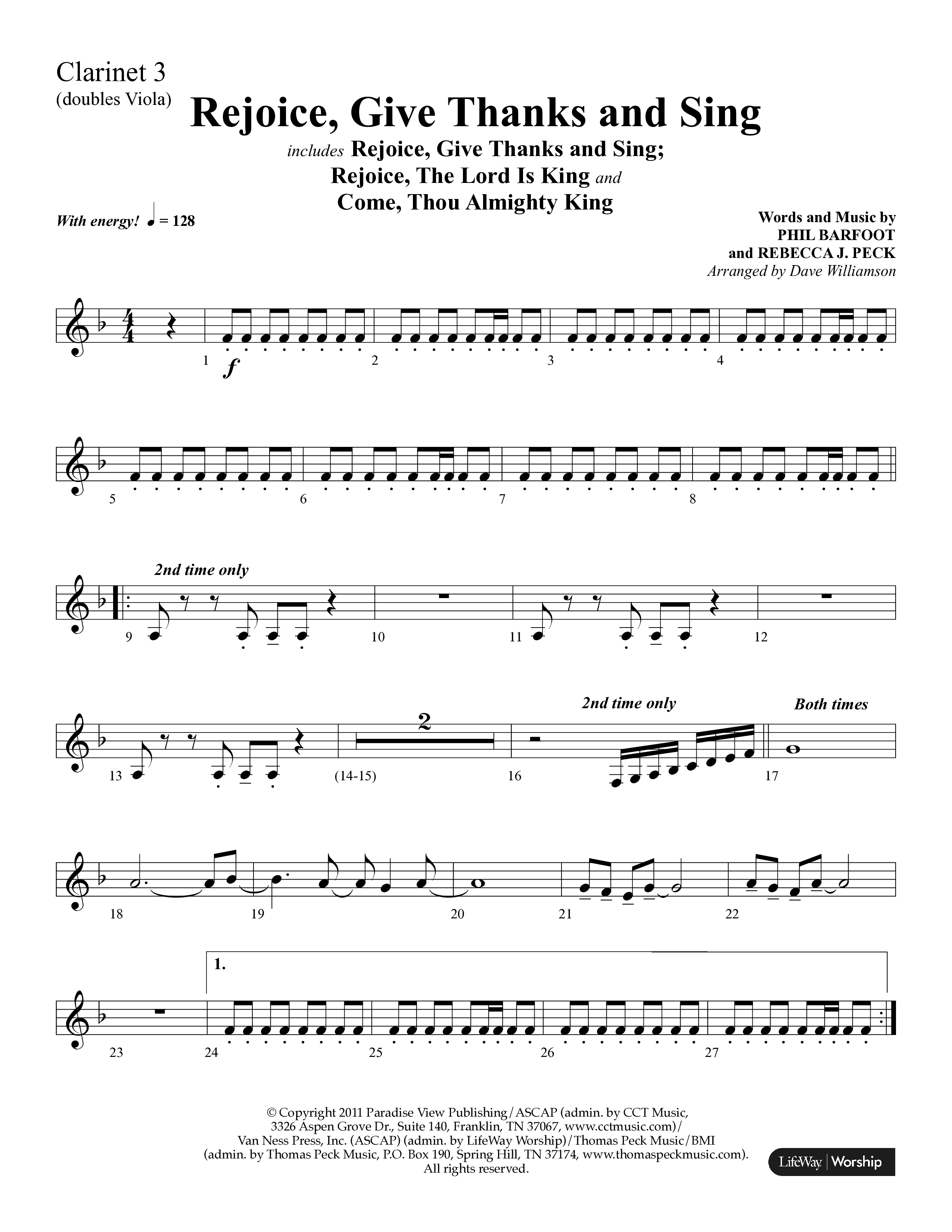 Rejoice, Give Thanks And Sing (with Rejoice, The Lord Is King, Come, Thou Almighty King) (Choral Anthem SATB) Clarinet 3 (Lifeway Choral / Arr. Dave Williamson)