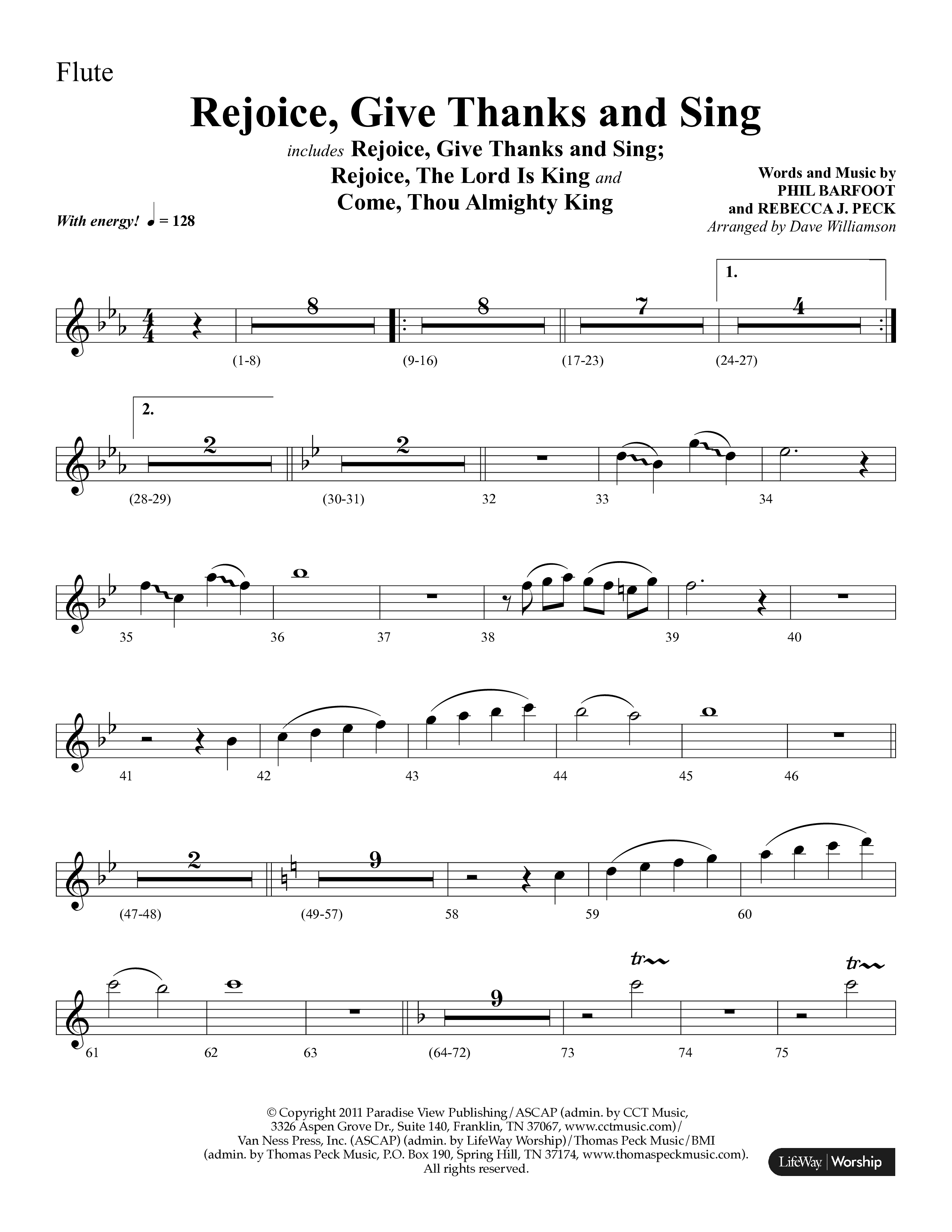 Rejoice, Give Thanks And Sing (with Rejoice, The Lord Is King, Come, Thou Almighty King) (Choral Anthem SATB) Flute (Lifeway Choral / Arr. Dave Williamson)