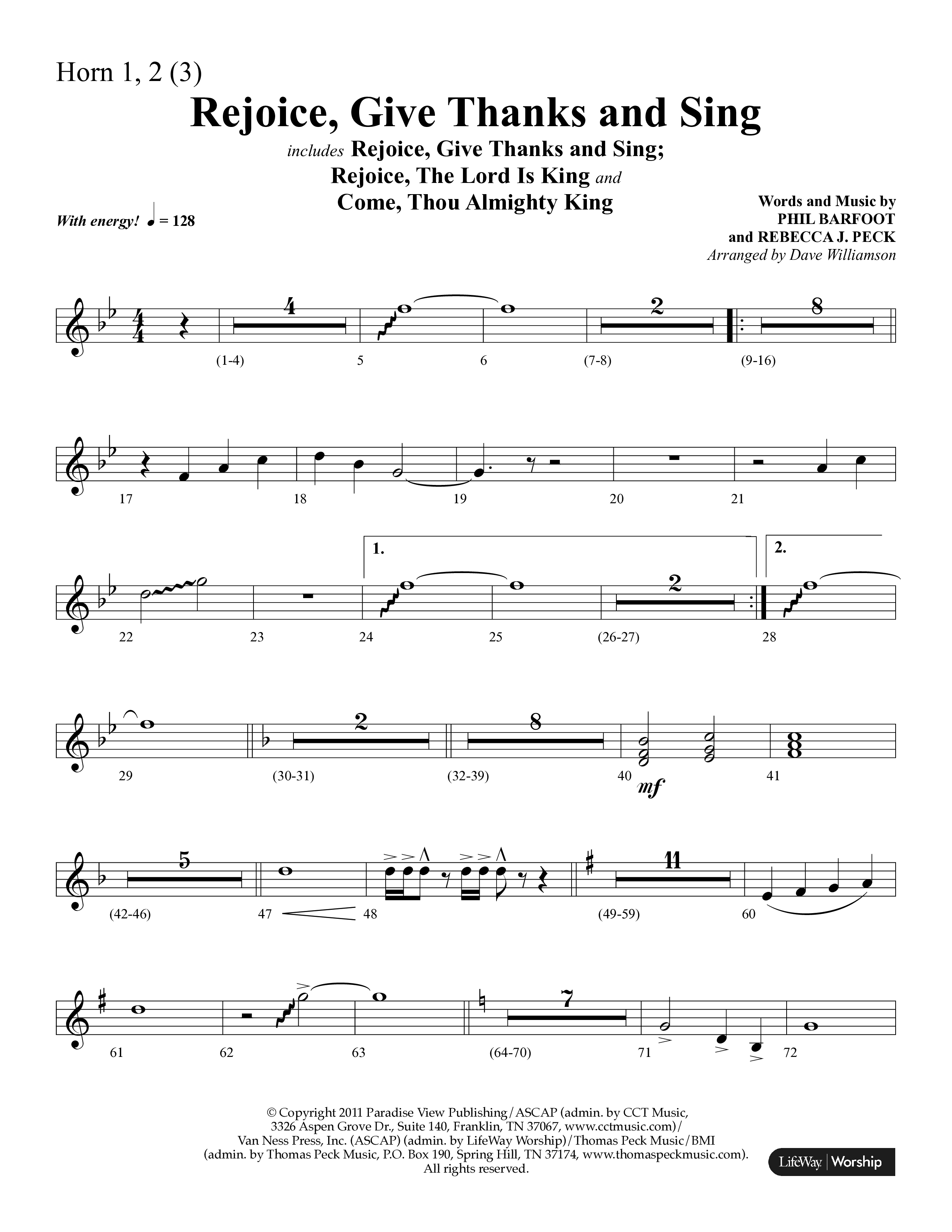 Rejoice, Give Thanks And Sing (with Rejoice, The Lord Is King, Come, Thou Almighty King) (Choral Anthem SATB) French Horn 1/2 (Lifeway Choral / Arr. Dave Williamson)