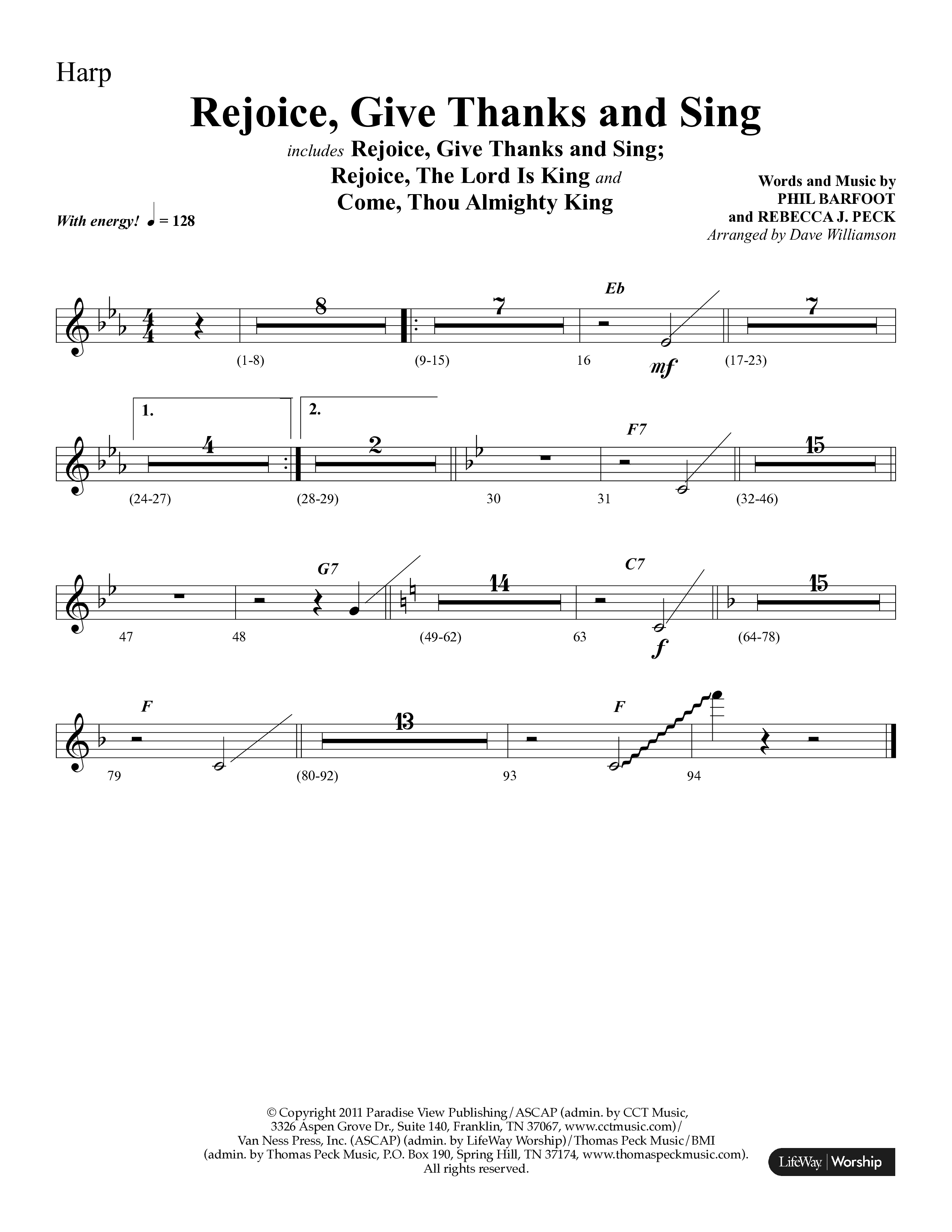 Rejoice, Give Thanks And Sing (with Rejoice, The Lord Is King, Come, Thou Almighty King) (Choral Anthem SATB) Harp (Lifeway Choral / Arr. Dave Williamson)