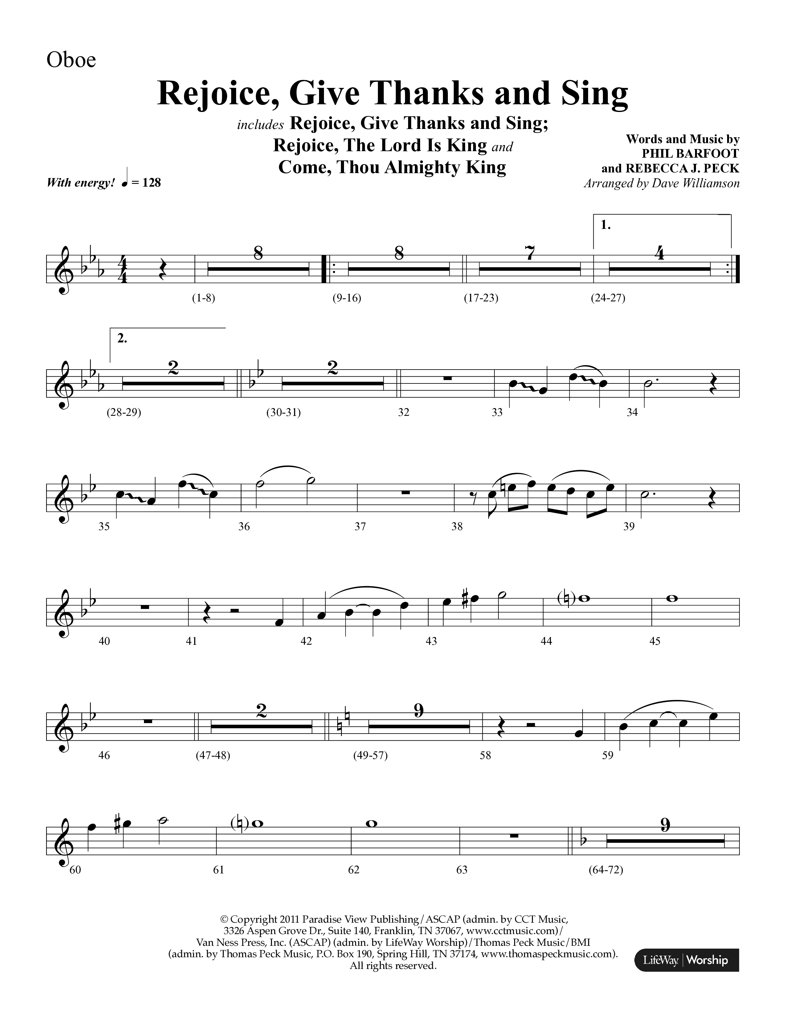 Rejoice, Give Thanks And Sing (with Rejoice, The Lord Is King, Come, Thou Almighty King) (Choral Anthem SATB) Oboe (Lifeway Choral / Arr. Dave Williamson)