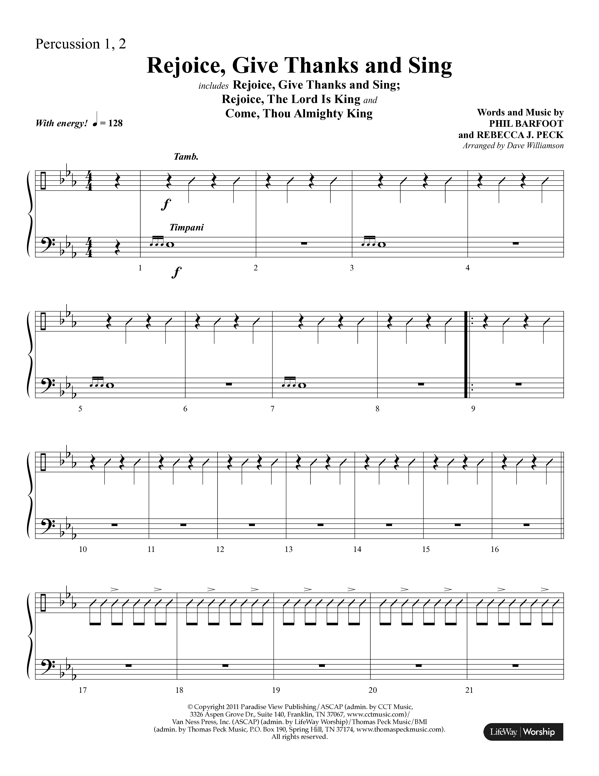 Rejoice, Give Thanks And Sing (with Rejoice, The Lord Is King, Come, Thou Almighty King) (Choral Anthem SATB) Percussion 1/2 (Lifeway Choral / Arr. Dave Williamson)