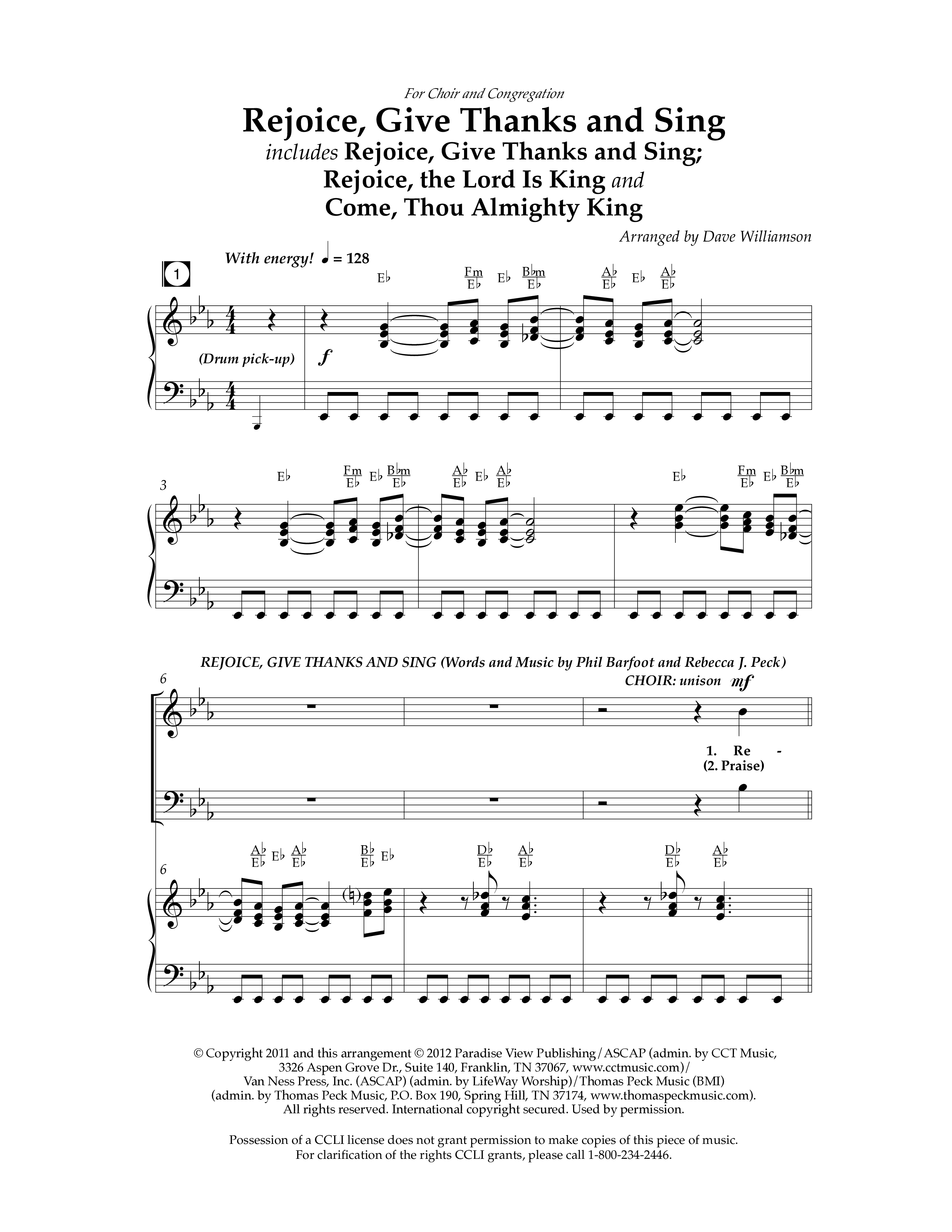 Rejoice, Give Thanks And Sing (with Rejoice, The Lord Is King, Come, Thou Almighty King) (Choral Anthem SATB) Anthem (SATB/Piano) (Lifeway Choral / Arr. Dave Williamson)