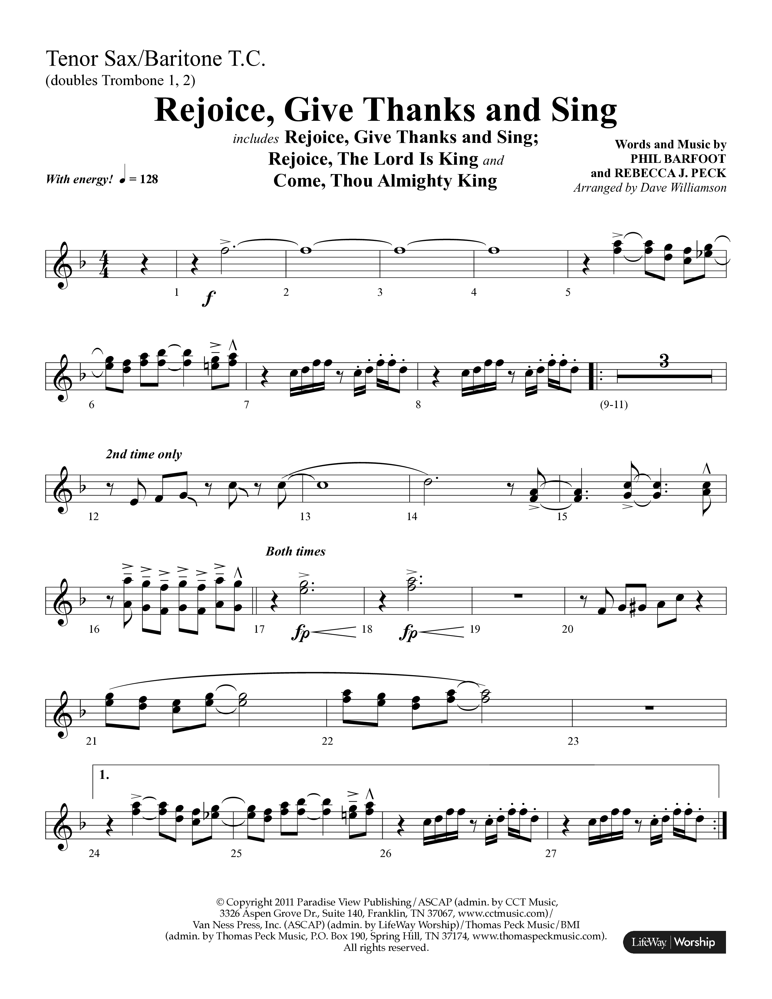 Rejoice, Give Thanks And Sing (with Rejoice, The Lord Is King, Come, Thou Almighty King) (Choral Anthem SATB) Tenor Sax/Baritone T.C. (Lifeway Choral / Arr. Dave Williamson)