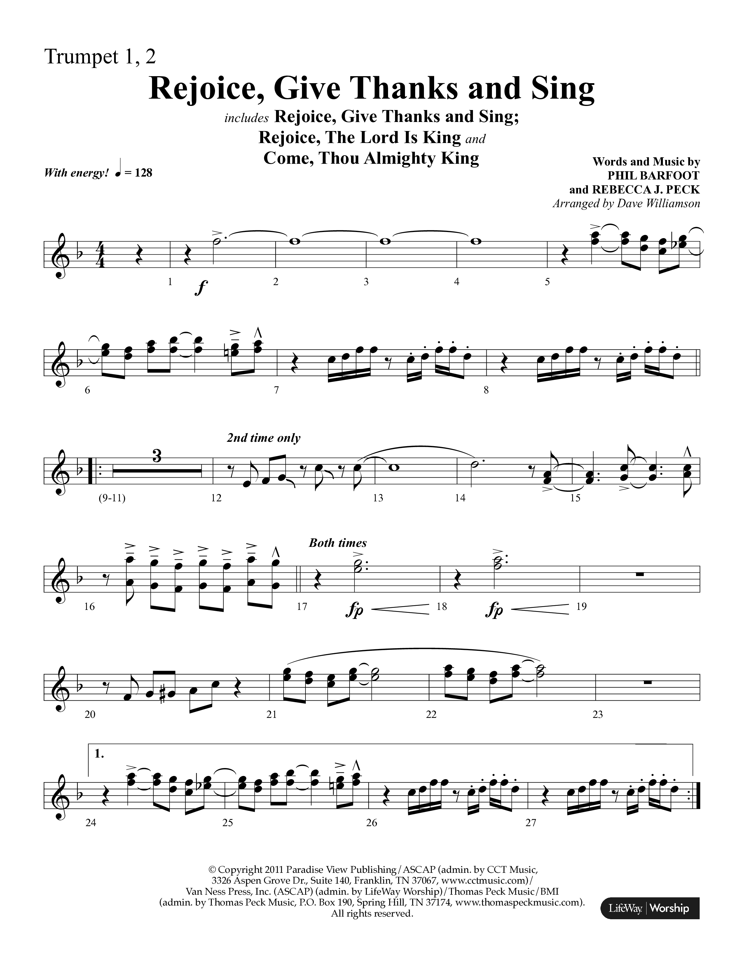 Rejoice, Give Thanks And Sing (with Rejoice, The Lord Is King, Come, Thou Almighty King) (Choral Anthem SATB) Trumpet 1,2 (Lifeway Choral / Arr. Dave Williamson)