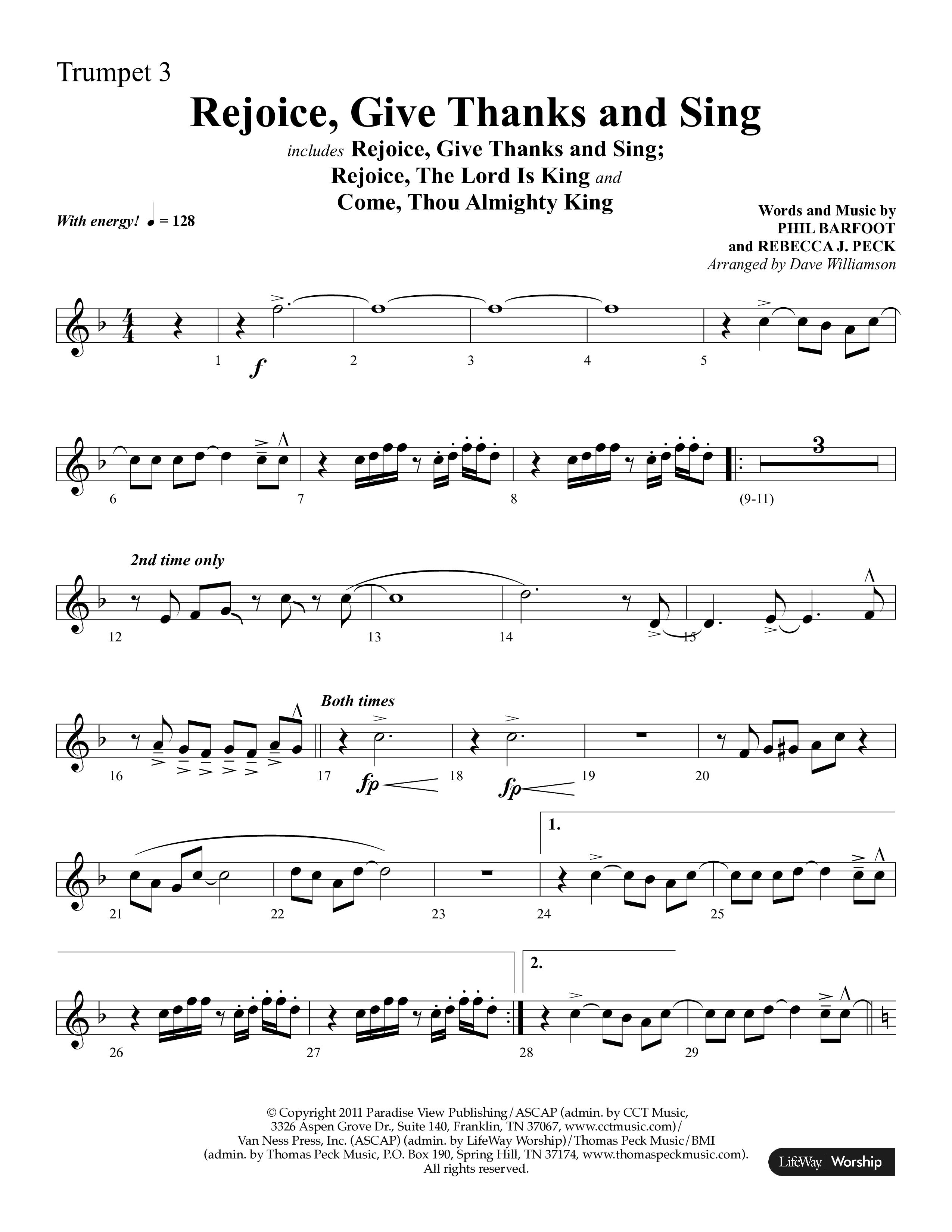 Rejoice, Give Thanks And Sing (with Rejoice, The Lord Is King, Come, Thou Almighty King) (Choral Anthem SATB) Trumpet 3 (Lifeway Choral / Arr. Dave Williamson)
