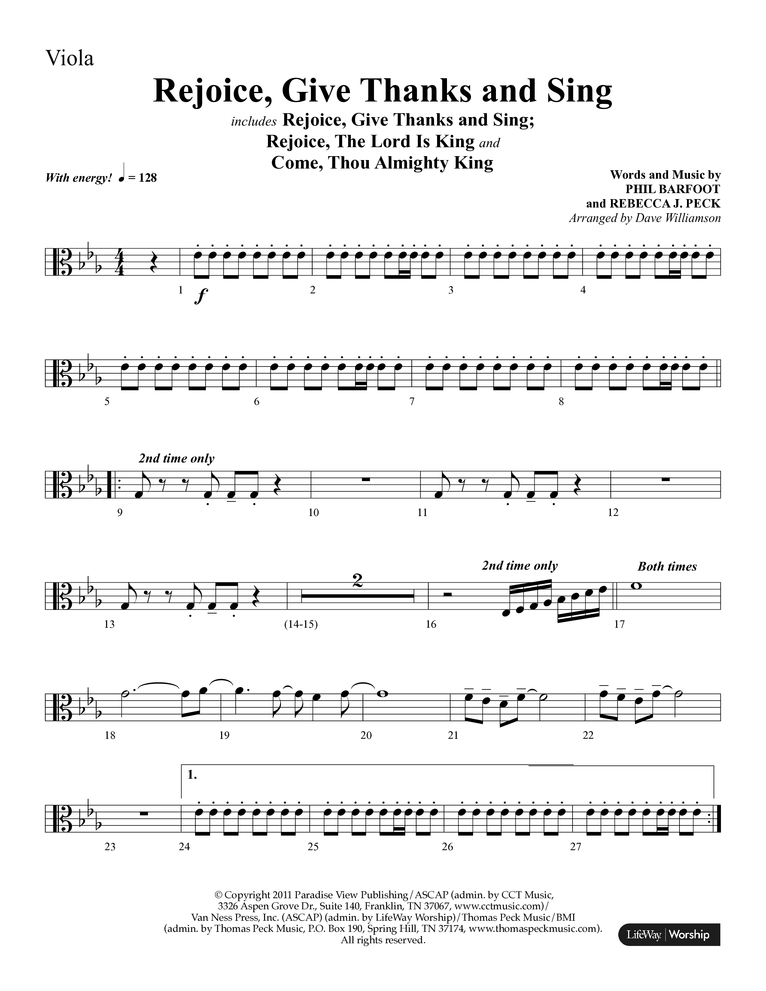 Rejoice, Give Thanks And Sing (with Rejoice, The Lord Is King, Come, Thou Almighty King) (Choral Anthem SATB) Viola (Lifeway Choral / Arr. Dave Williamson)