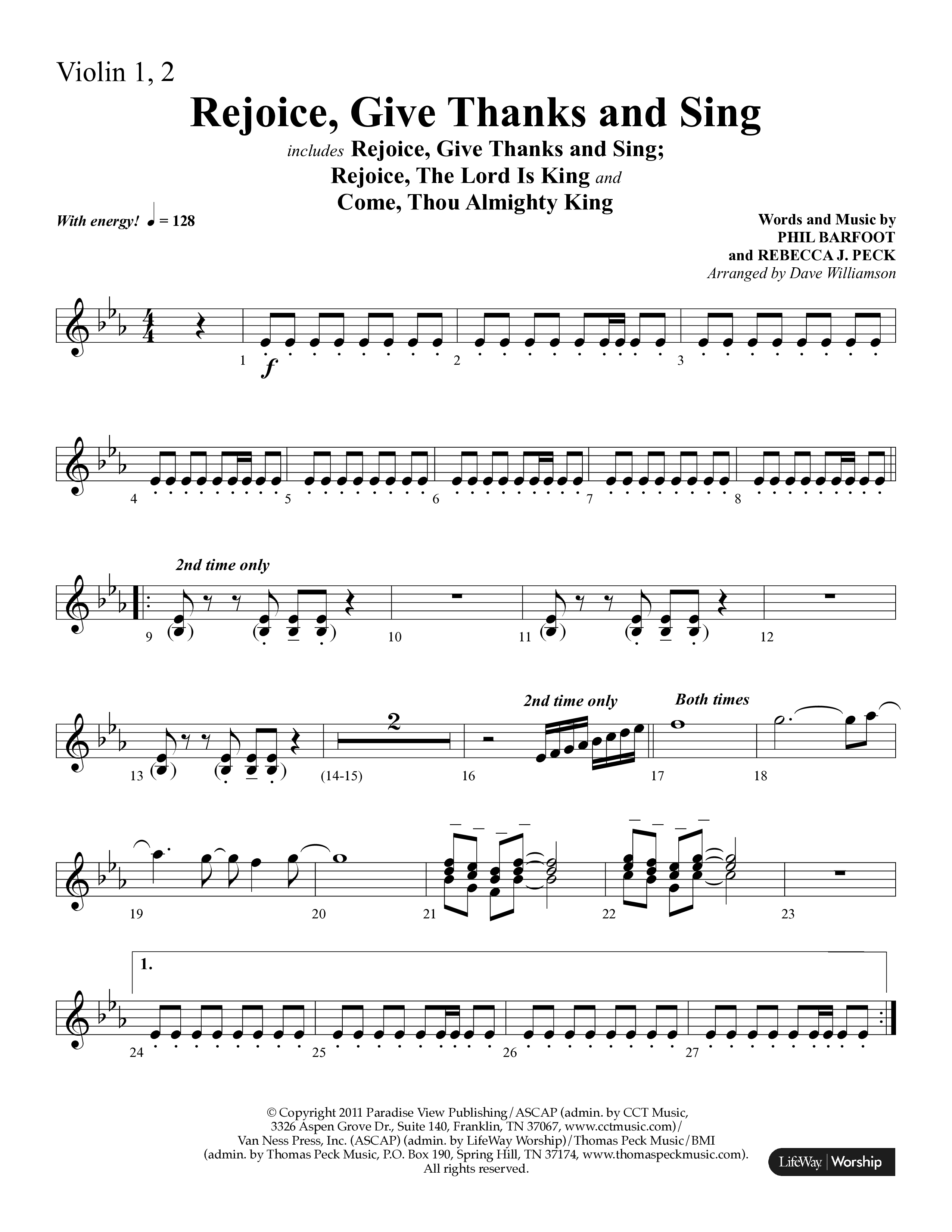 Rejoice, Give Thanks And Sing (with Rejoice, The Lord Is King, Come, Thou Almighty King) (Choral Anthem SATB) Violin 1/2 (Lifeway Choral / Arr. Dave Williamson)