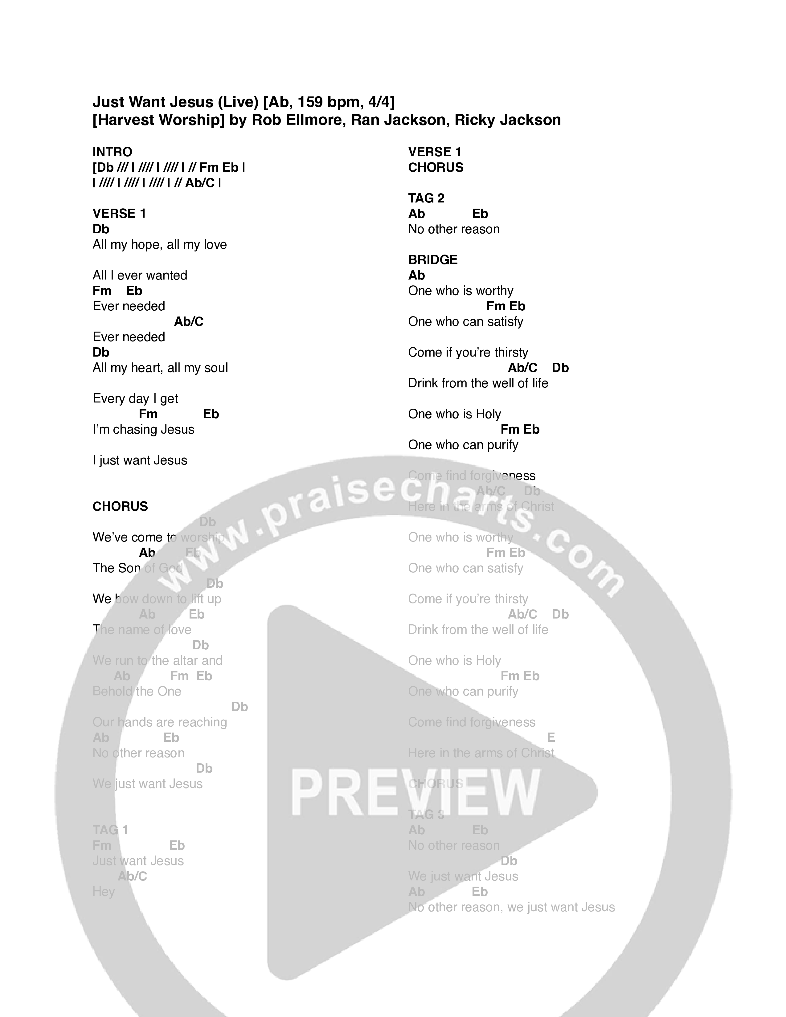 Just Want Jesus (Live) Chord Chart (Harvest Worship / One Common)