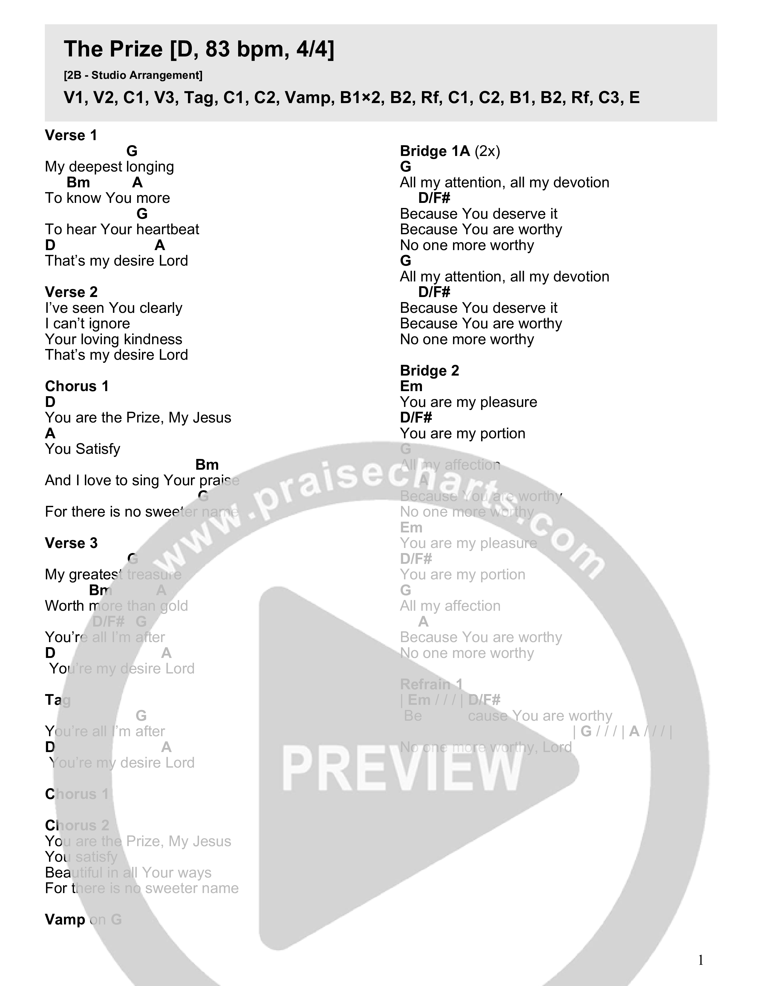The Prize Chord Chart (NewSpring Worship / Maliek Burrell / Bridget Vogel)