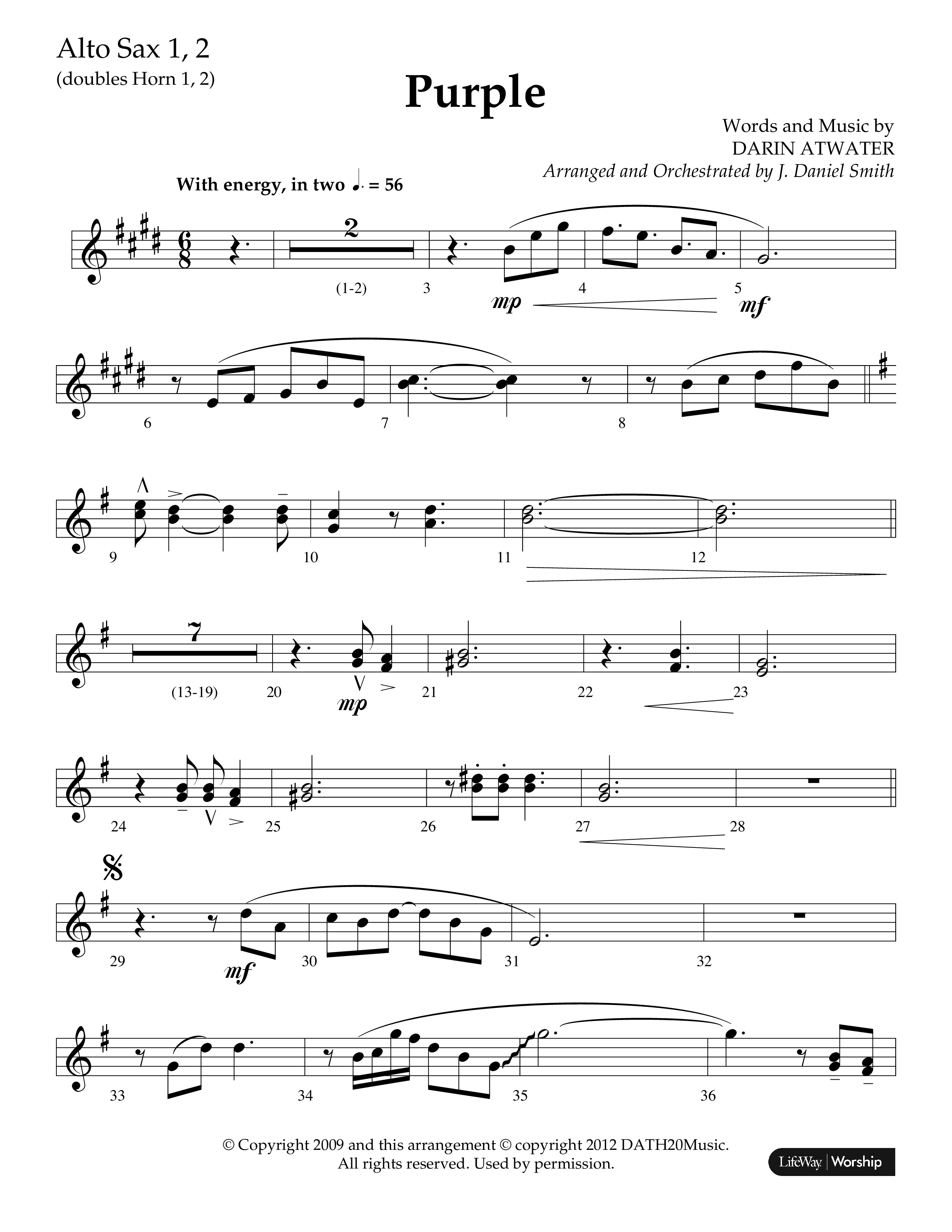 Purple (Choral Anthem SATB) Alto Sax 1/2 (Lifeway Choral / Arr. J. Daniel Smith)