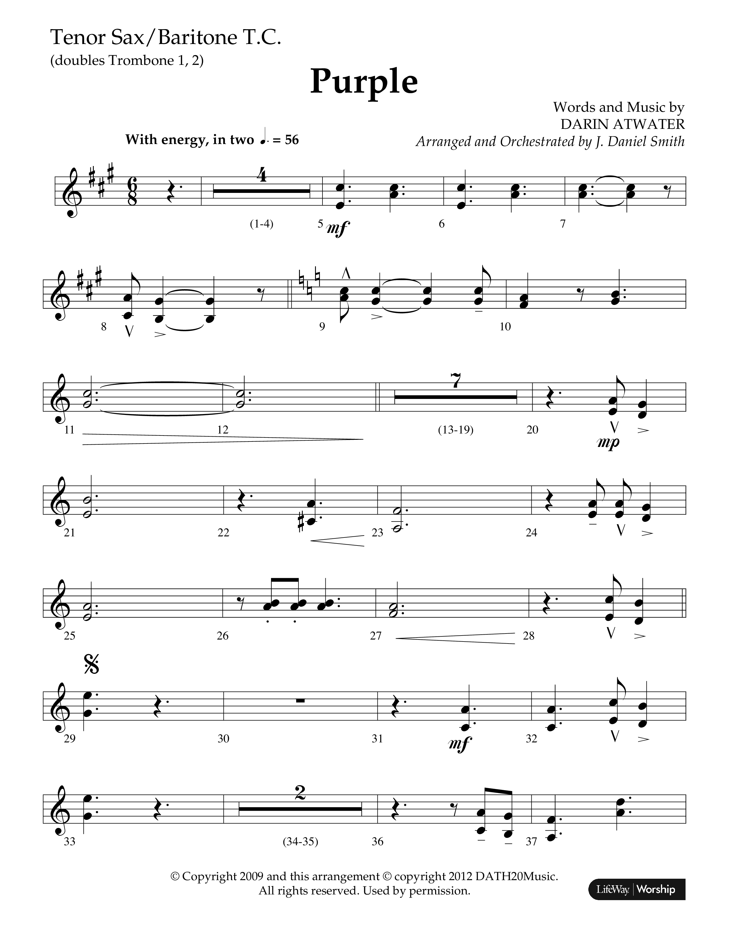 Purple (Choral Anthem SATB) Tenor Sax/Baritone T.C. (Lifeway Choral / Arr. J. Daniel Smith)