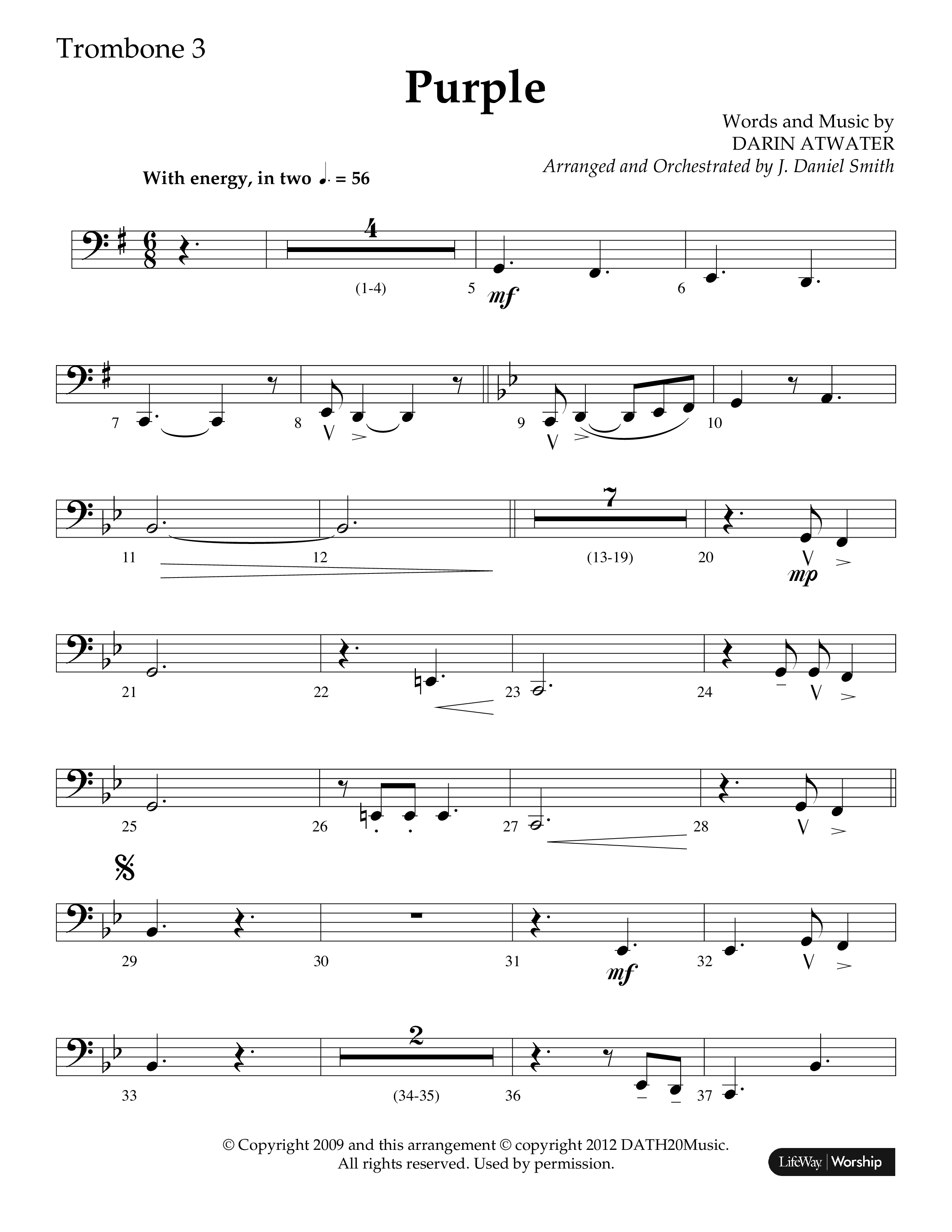 Purple (Choral Anthem SATB) Trombone 3 (Lifeway Choral / Arr. J. Daniel Smith)