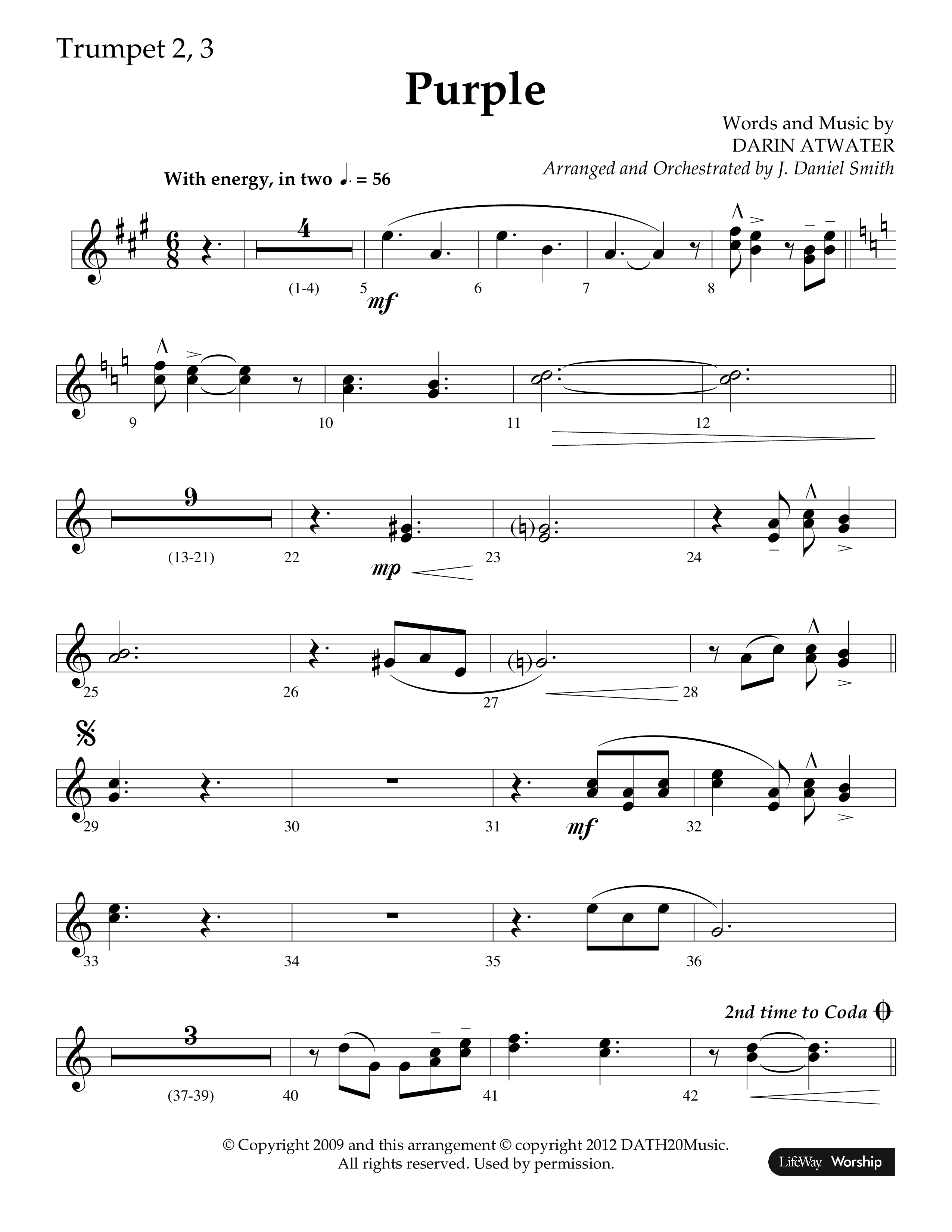 Purple (Choral Anthem SATB) Trumpet 2/3 (Lifeway Choral / Arr. J. Daniel Smith)