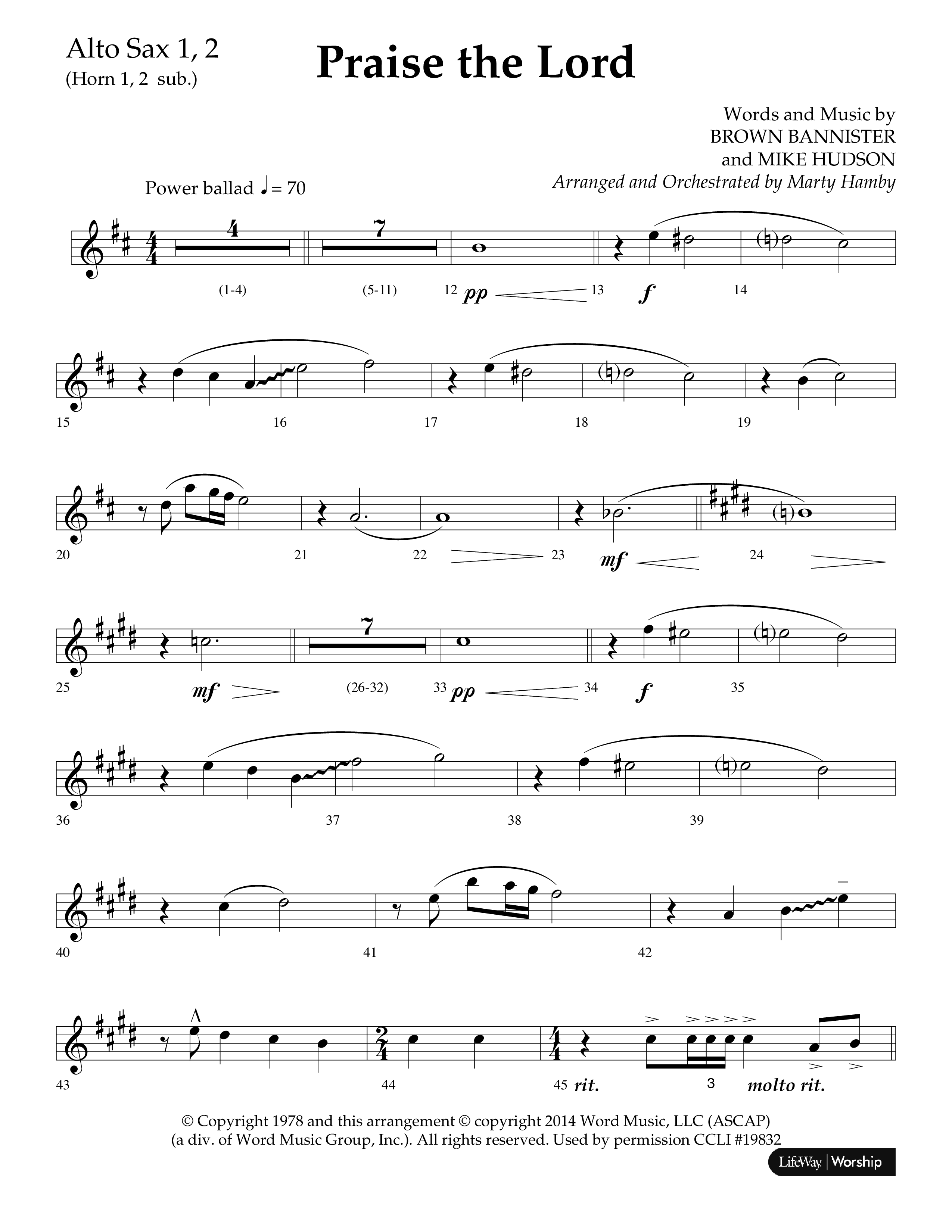 Praise The Lord (Choral Anthem SATB) Alto Sax 1/2 (Lifeway Choral / Arr. Marty Hamby)