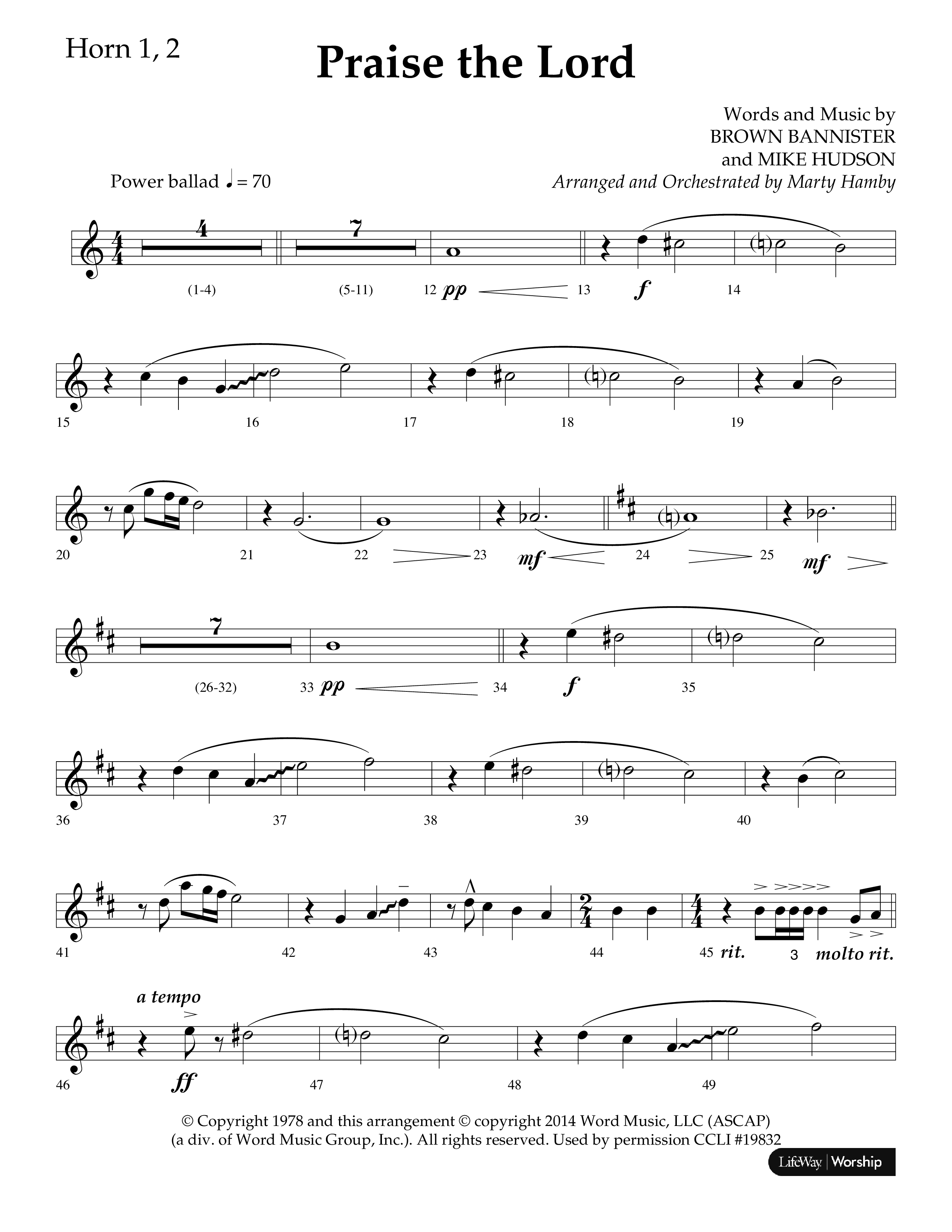 Praise The Lord (Choral Anthem SATB) French Horn 1/2 (Lifeway Choral / Arr. Marty Hamby)
