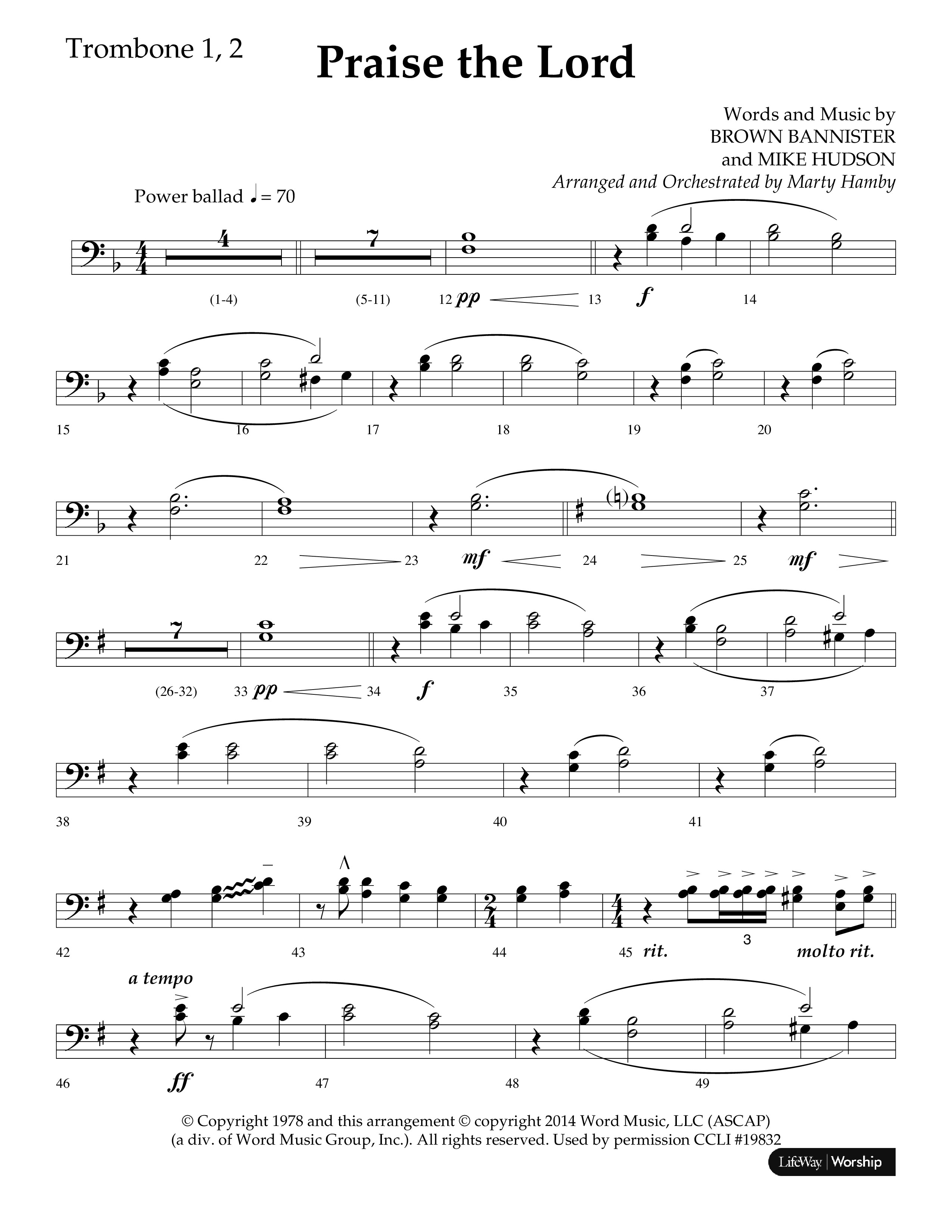 Praise The Lord (Choral Anthem SATB) Trombone 1/2 (Lifeway Choral / Arr. Marty Hamby)