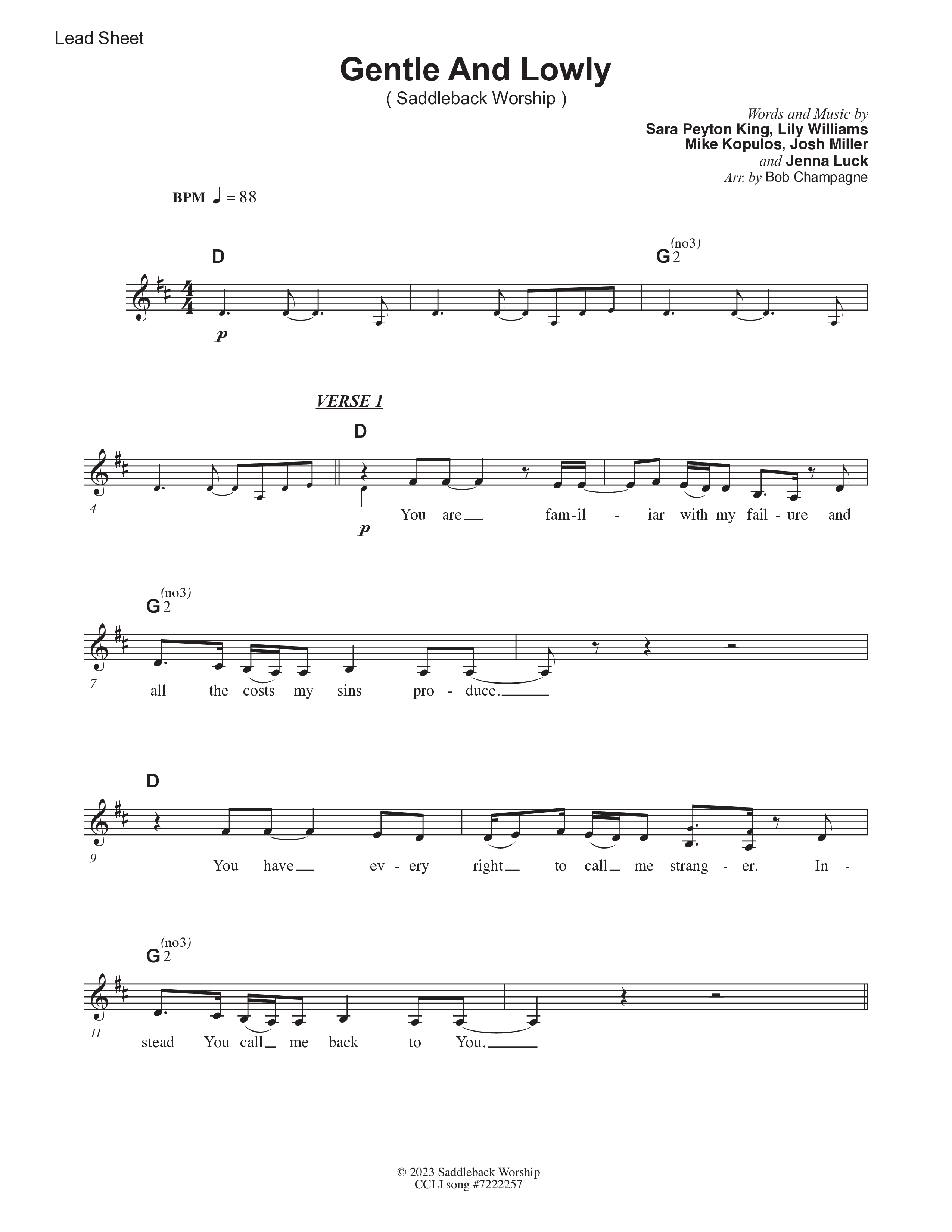 Gentle & Lowly (Live) Lead Sheet Melody (Saddleback Worship)