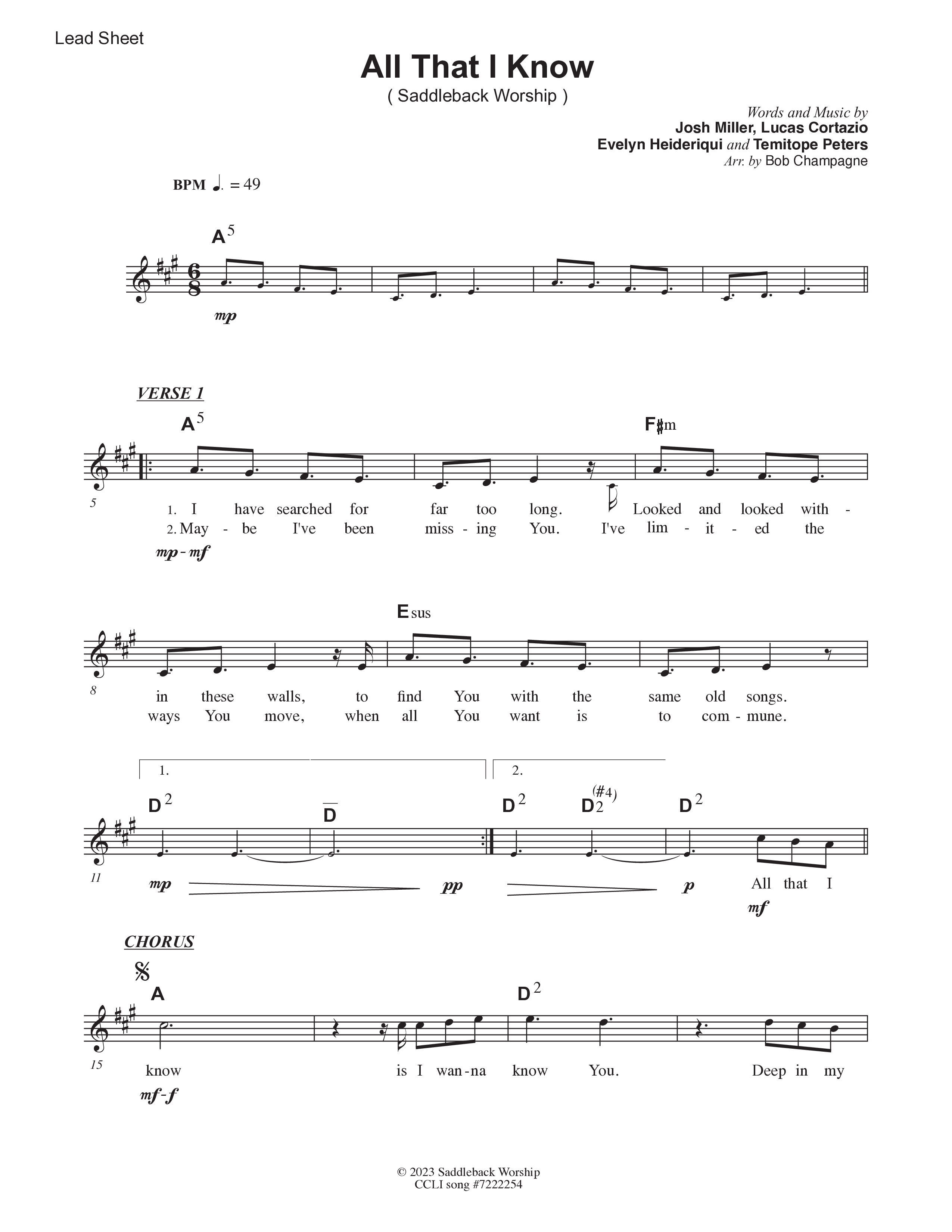 All That I Know (Live) Lead Sheet Melody (Saddleback Worship)
