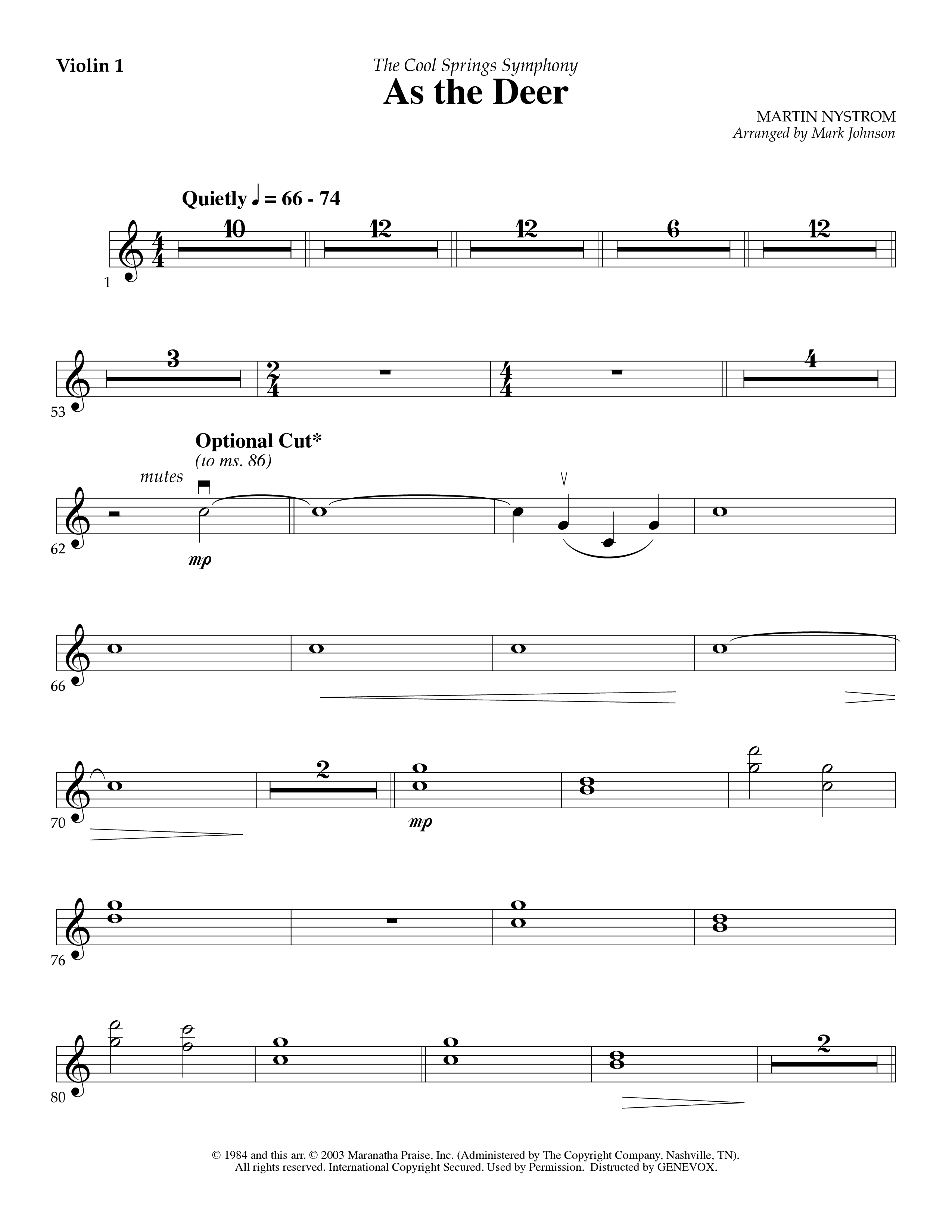 As The Deer (Instrumental) Violin 1 (Lifeway Worship / Arr. Mark Johnson)