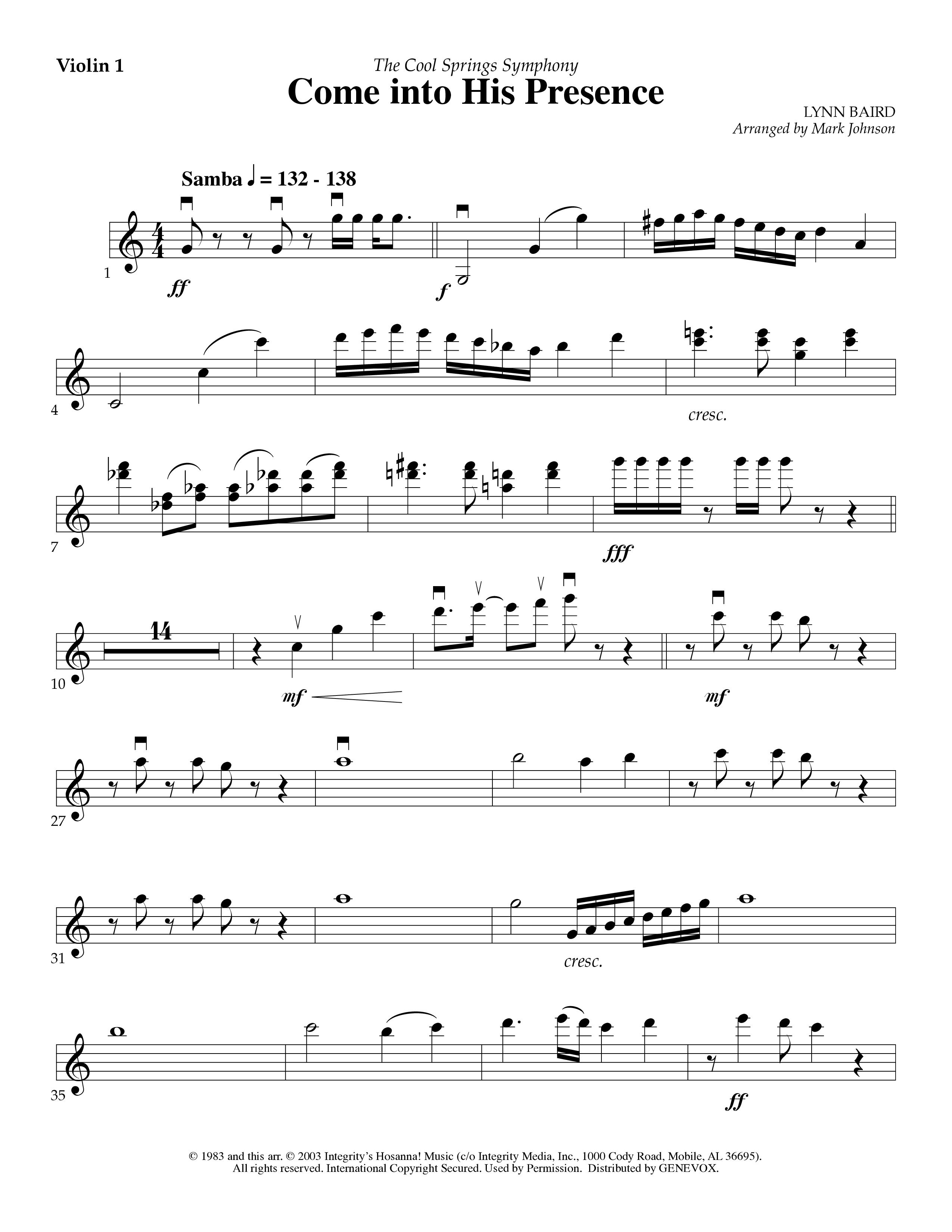 Come Into His Presence (Instrumental) Violin 1 (Lifeway Worship / Arr. Mark Johnson)