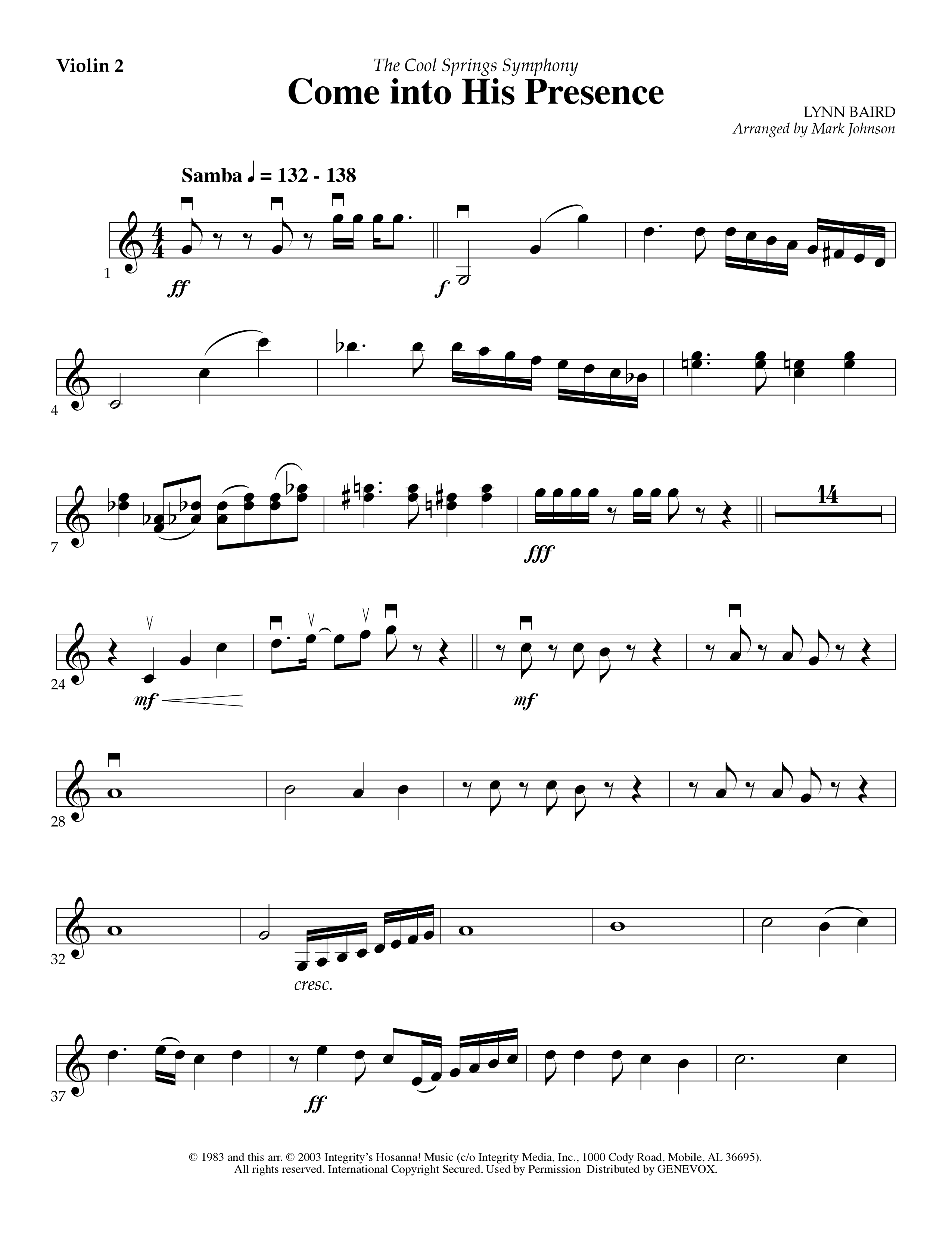 Come Into His Presence (Instrumental) Violin 2 (Lifeway Worship / Arr. Mark Johnson)