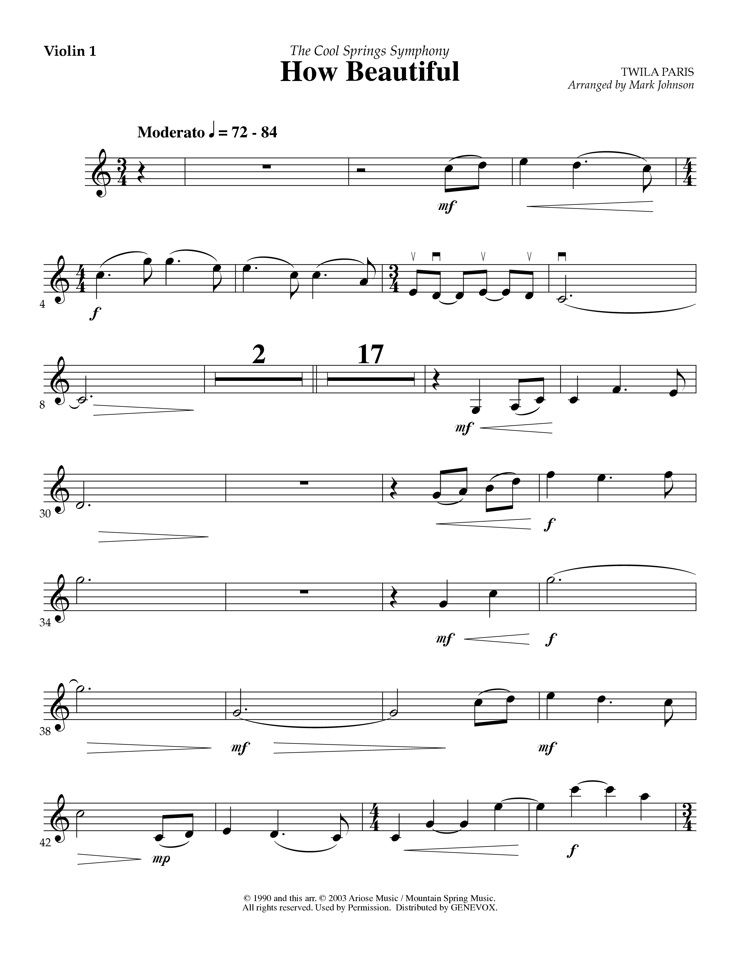 How Beautiful (Instrumental) Violin 1/2 (Lifeway Worship / Arr. Mark Johnson)