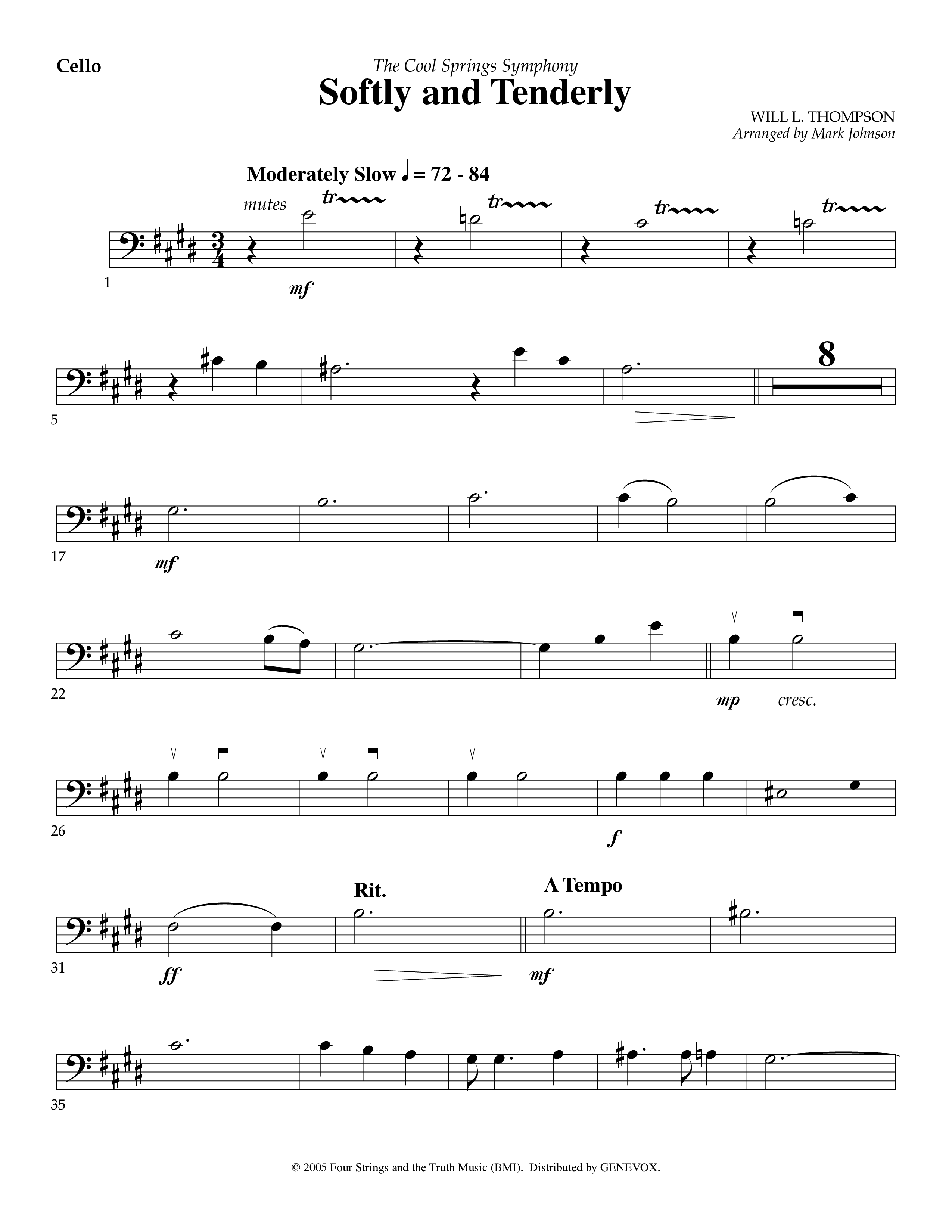 Softly And Tenderly (Instrumental) Cello (Lifeway Worship / Arr. Mark Johnson)